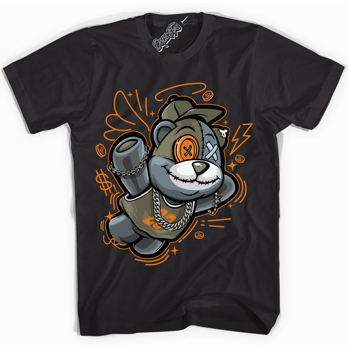 Cool Black Shirt with “ Slam Dunk Bear” design that perfectly matches Olive 5s Sneakers.
