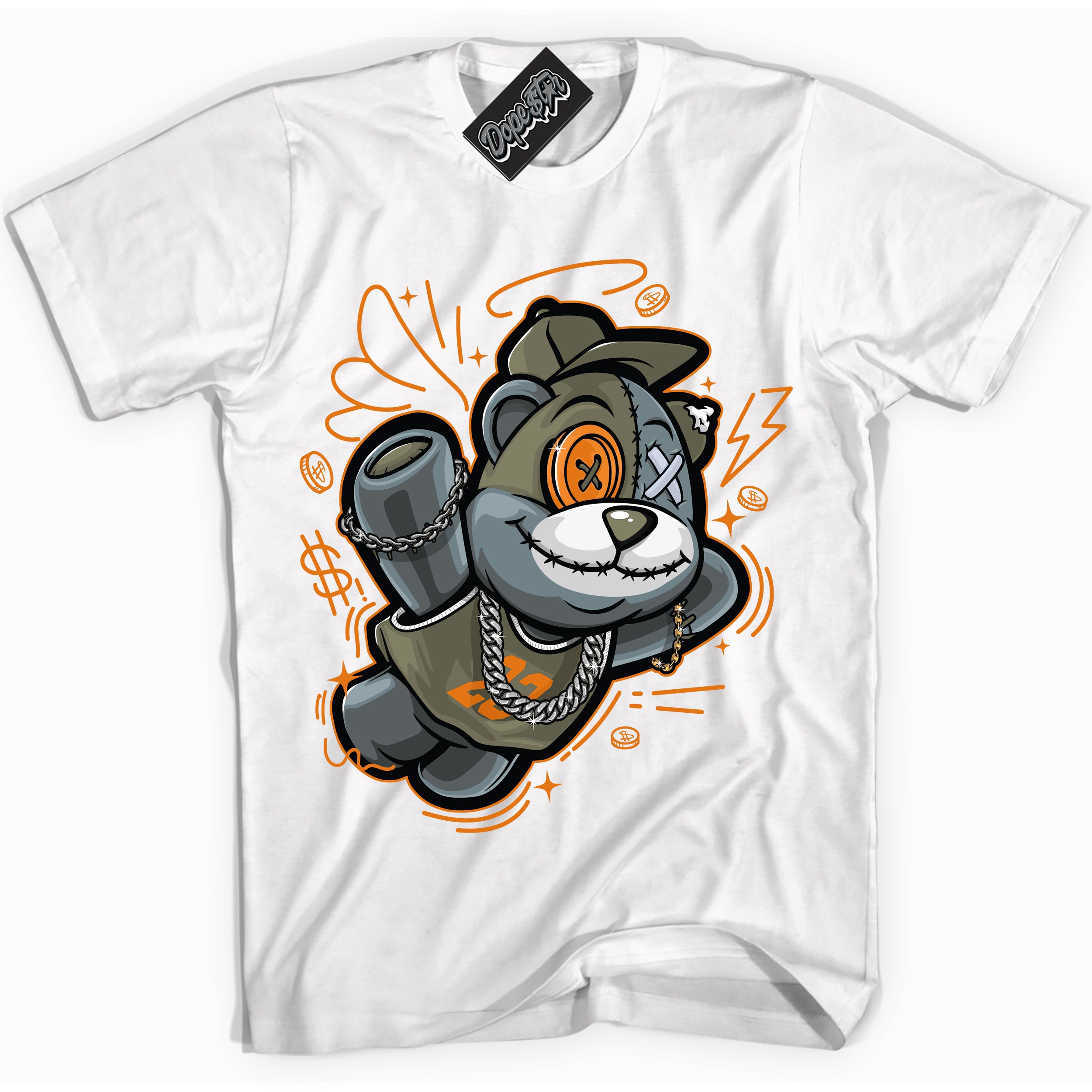 Cool White Shirt with “ Slam Dunk Bear” design that perfectly matches Olive 5s Sneakers.