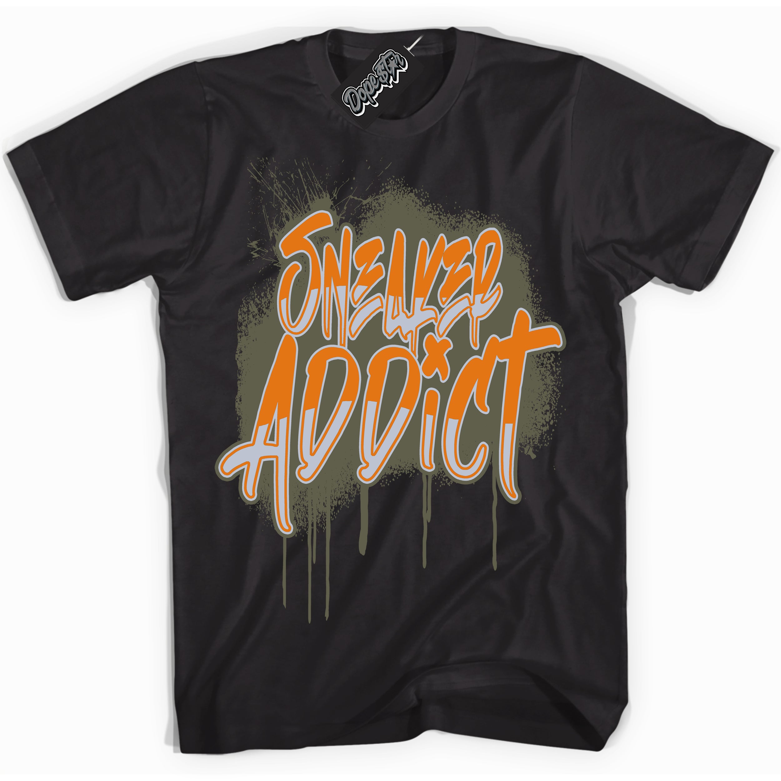 Cool Black Shirt with “ Sneaker Addict” design that perfectly matches Olive 5s Sneakers.