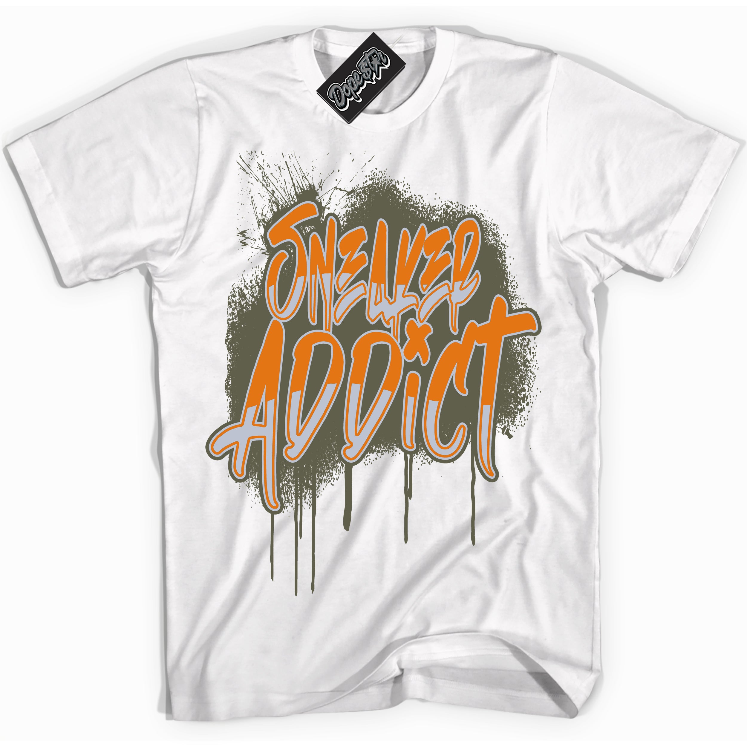 Cool White Shirt with “ Sneaker Addict” design that perfectly matches Olive 5s Sneakers.