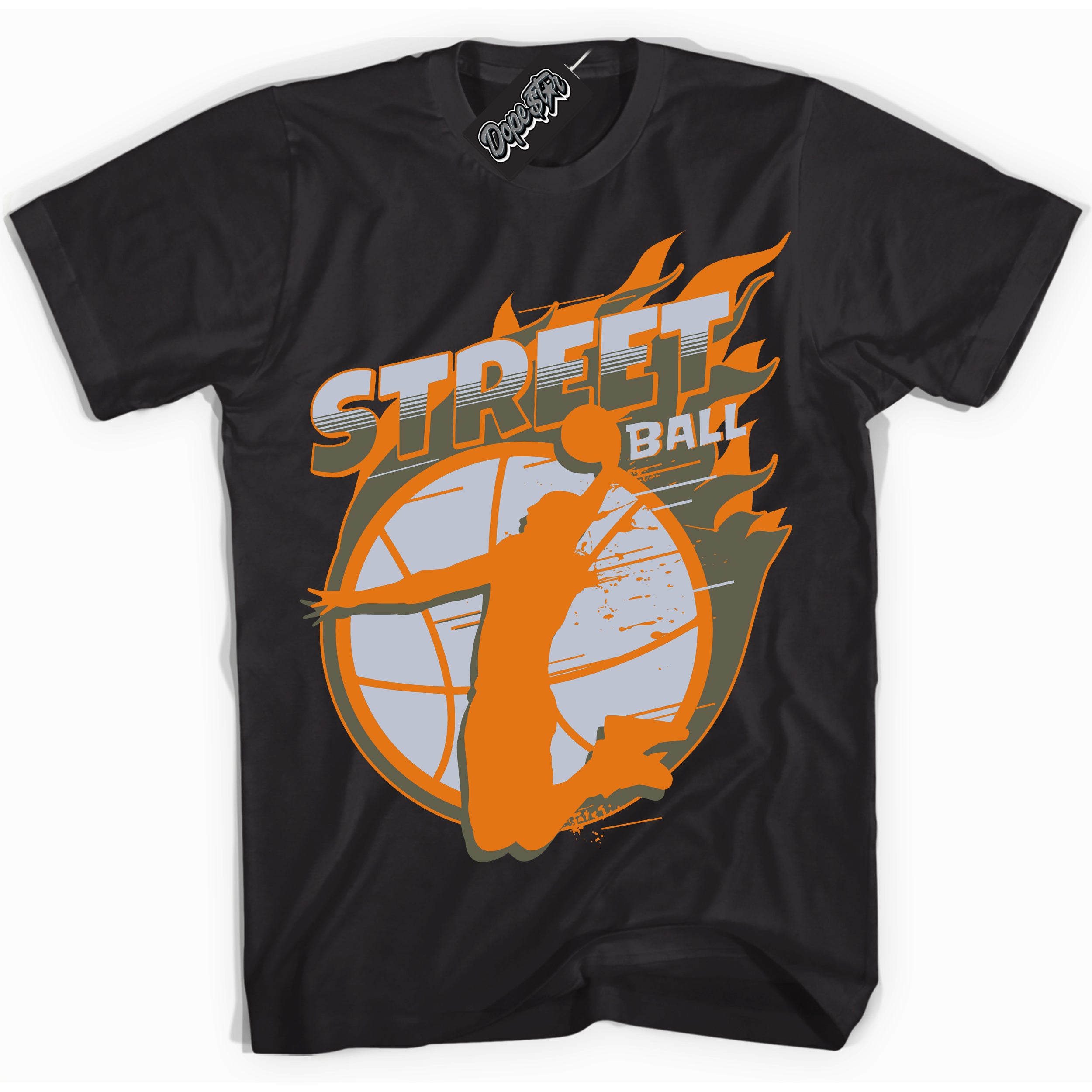 Cool Black Shirt with “ Street Ball” design that perfectly matches Olive 5s Sneakers.