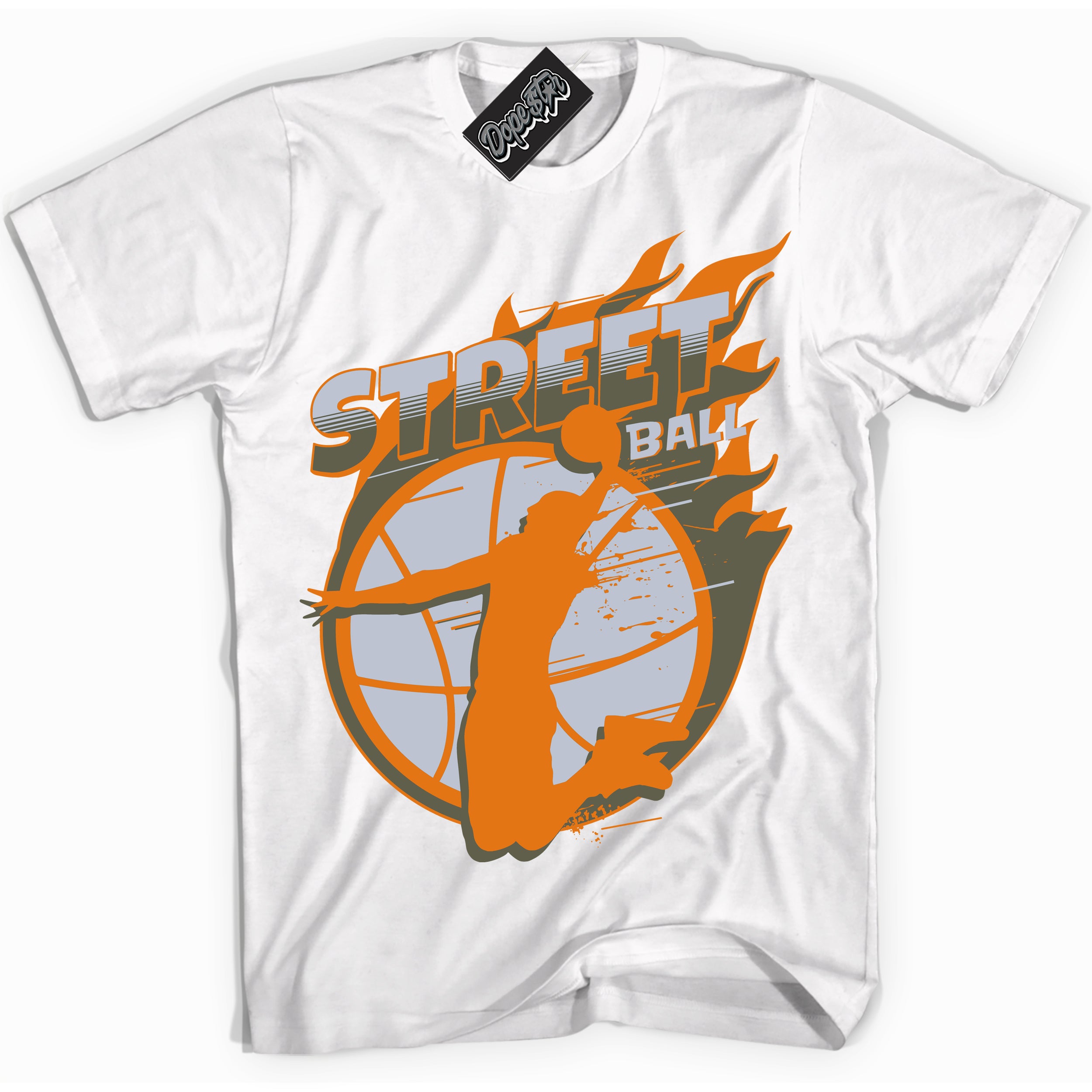 Cool White Shirt with “ Street Ball” design that perfectly matches Olive 5s Sneakers.