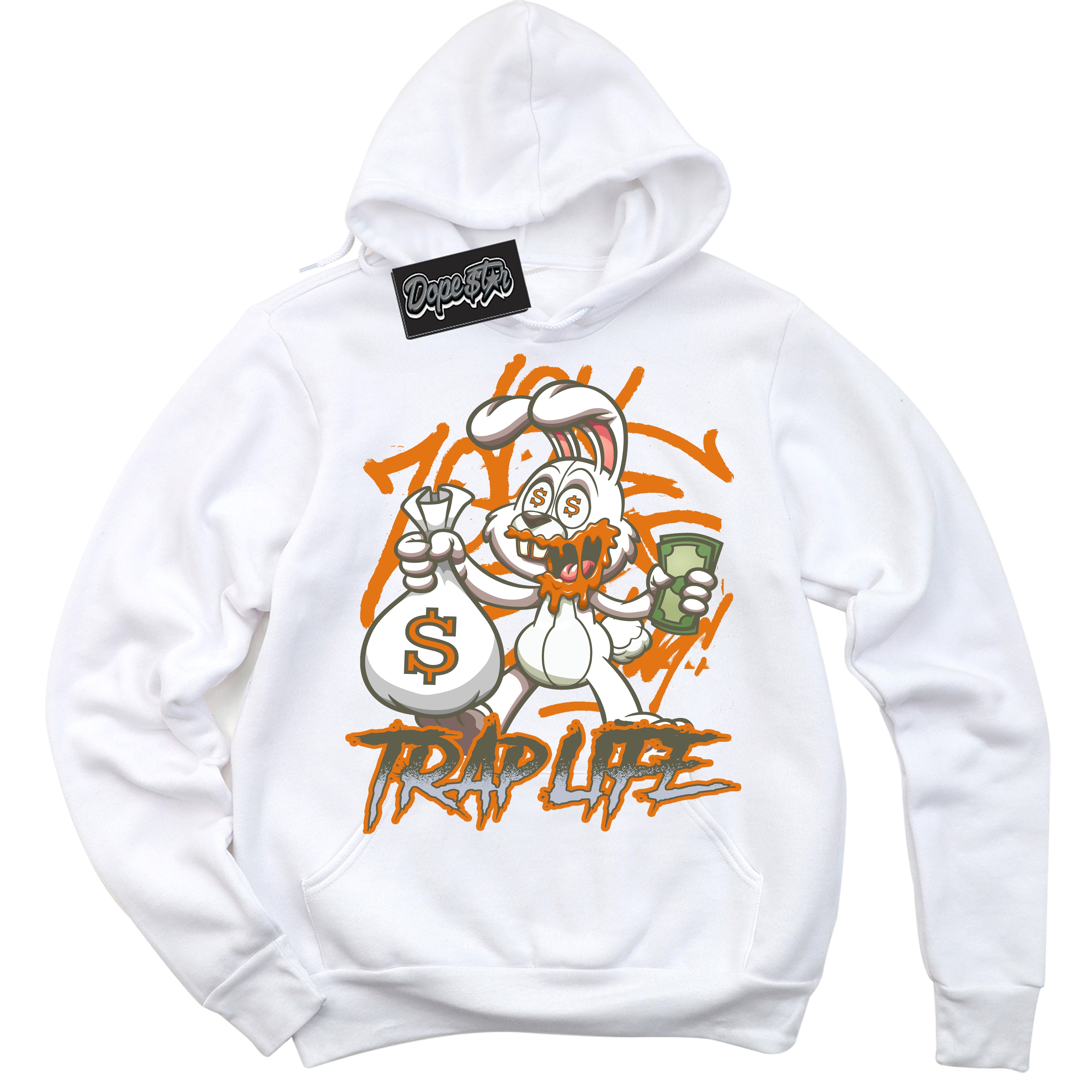 Cool White Hoodie with “ Trap Rabbit ”  design that Perfectly Matches Olive 5s Sneakers.
