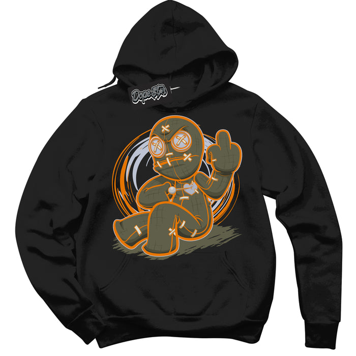 Cool Black Hoodie with “ Voodoo Doll ”  design that Perfectly Matches Olive 5s Sneakers.