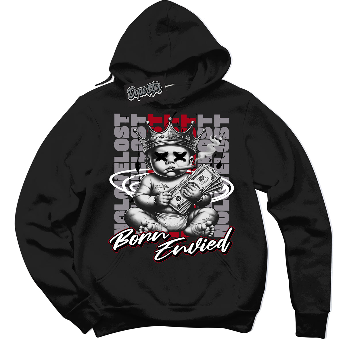AJ5 Retro OG Black Metallic Reimagined ‘Born Envied’ – Black Streetwear Hoodie | Men's and Women's graphic sweatshirt by Sneaker Shirts Outlet.
