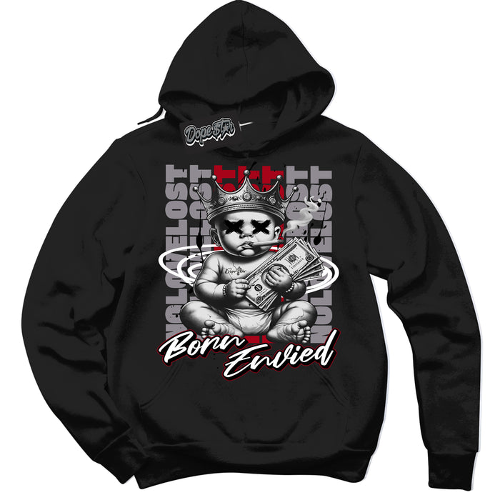 AJ5 Retro OG Black Metallic Reimagined ‘Born Envied’ – Black Streetwear Hoodie | Men's and Women's graphic sweatshirt by Sneaker Shirts Outlet.
