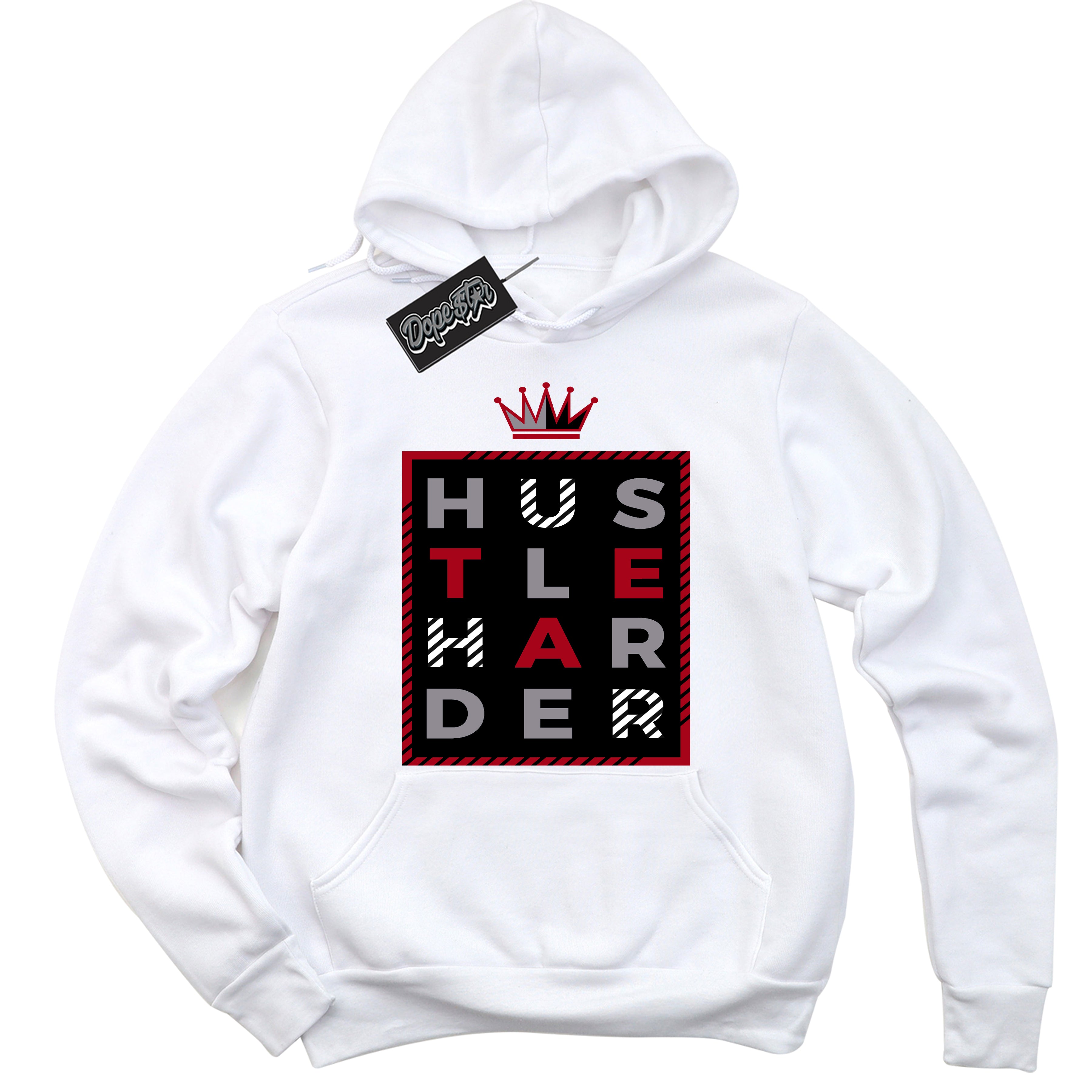 AJ5 Retro OG White Metallic Reimagined ‘Hustle Harder’ – Black Streetwear Hoodie | Men's and Women's graphic sweatshirt by Sneaker Shirts Outlet.
