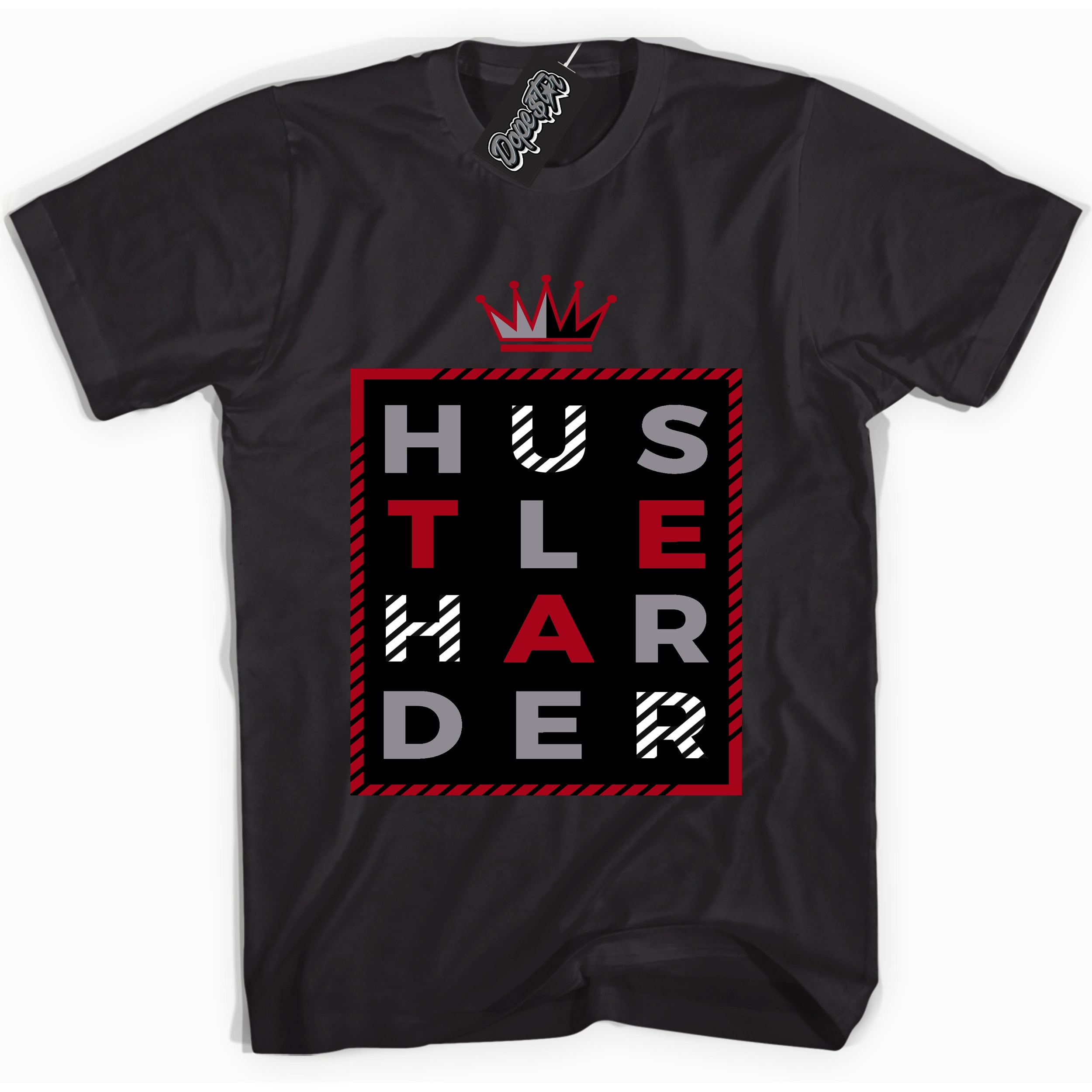 AJ5 Retro OG Black Metallic Reimagined “Hustle Harder” black streetwear t-shirt and matching sneaker tee for men and women by Sneaker Shirts Outlet.
