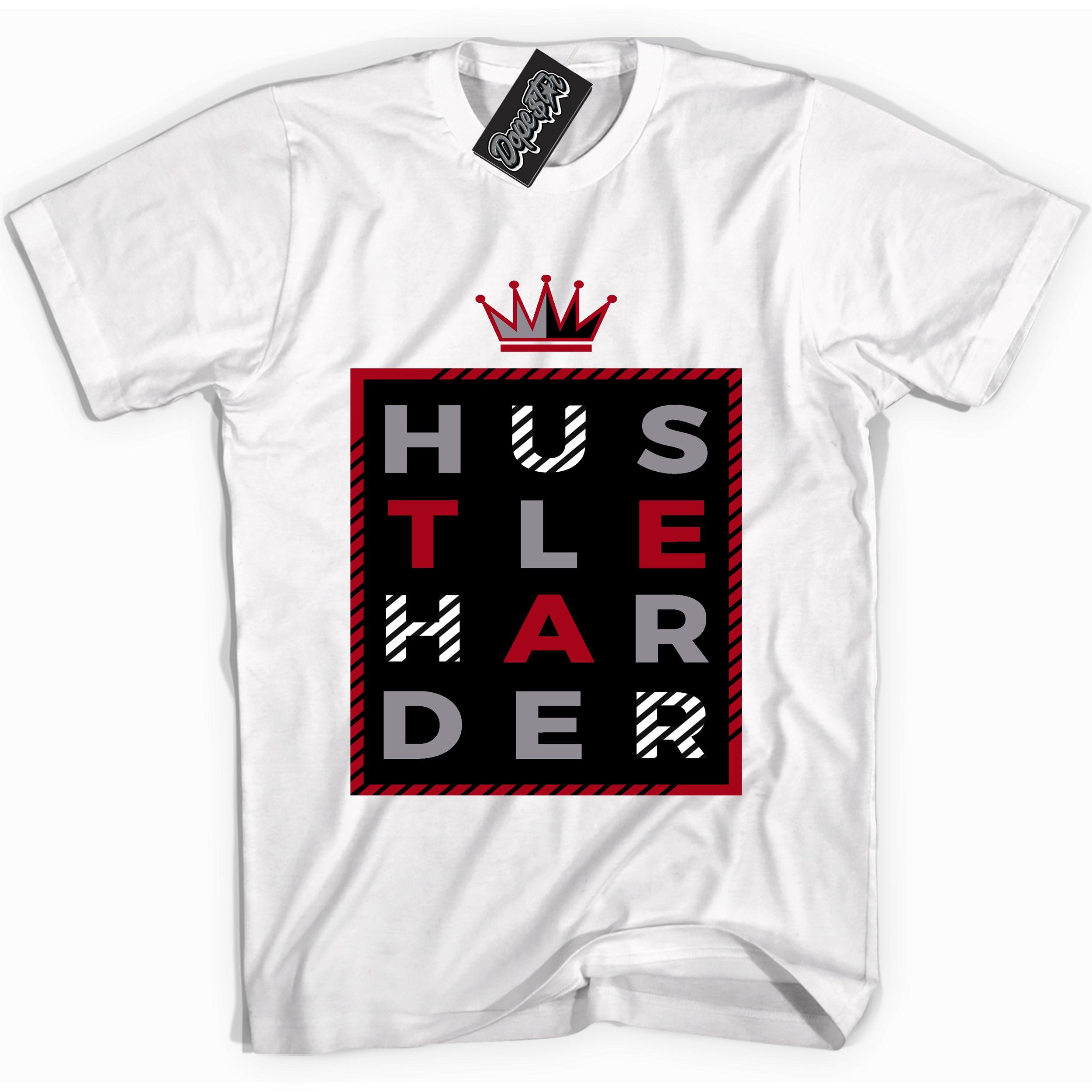 AJ5 Retro OG Black Metallic Reimagined “Hustle Harder” white streetwear t-shirt and matching sneaker tee for men and women by Sneaker Shirts Outlet.
