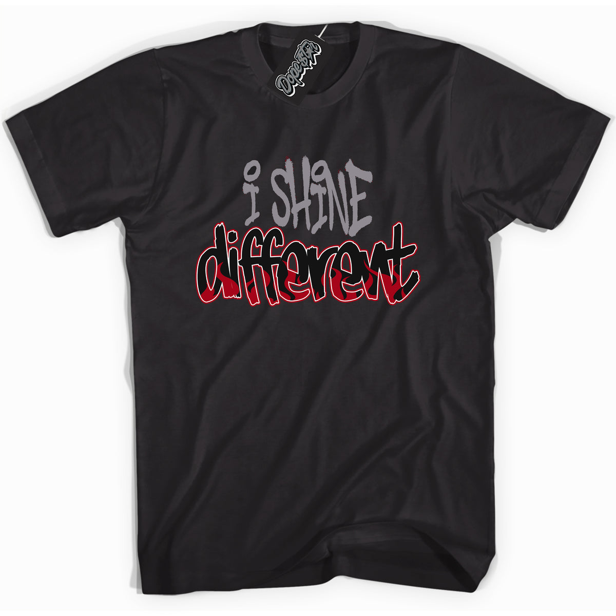 AJ5 Retro OG Black Metallic Reimagined “I Shine Different” black streetwear t-shirt and matching sneaker tee for men and women by Sneaker Shirts Outlet.
