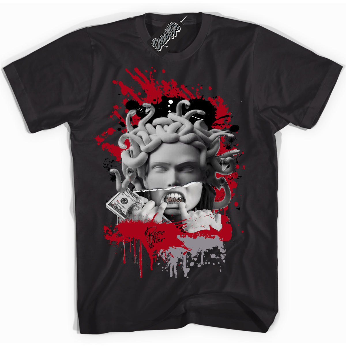 AJ5 Retro OG Black Metallic Reimagined “Medusa” black streetwear t-shirt and matching sneaker tee for men and women by Sneaker Shirts Outlet.
