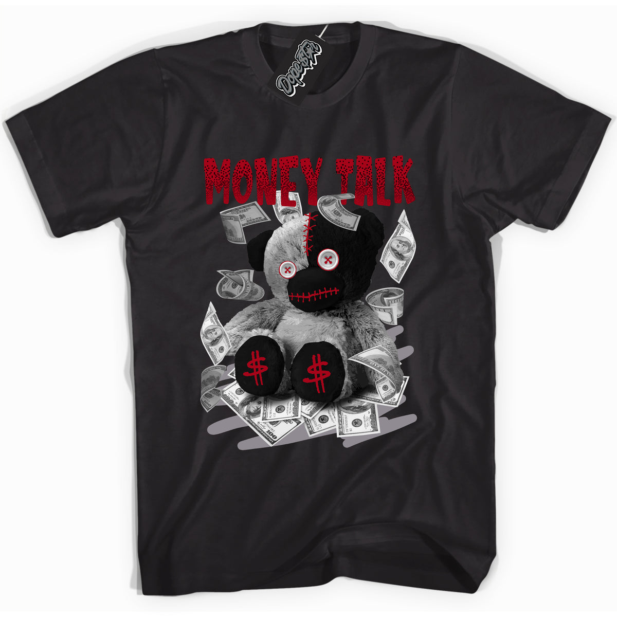 AJ5 Retro OG Black Metallic Reimagined “Money Talk Bear” black streetwear t-shirt and matching sneaker tee for men and women by Sneaker Shirts Outlet.
