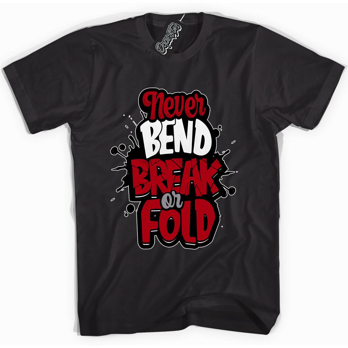 AJ5 Retro OG Black Metallic Reimagined “Never Bend Break Or Fold” black streetwear t-shirt and matching sneaker tee for men and women by Sneaker Shirts Outlet.
