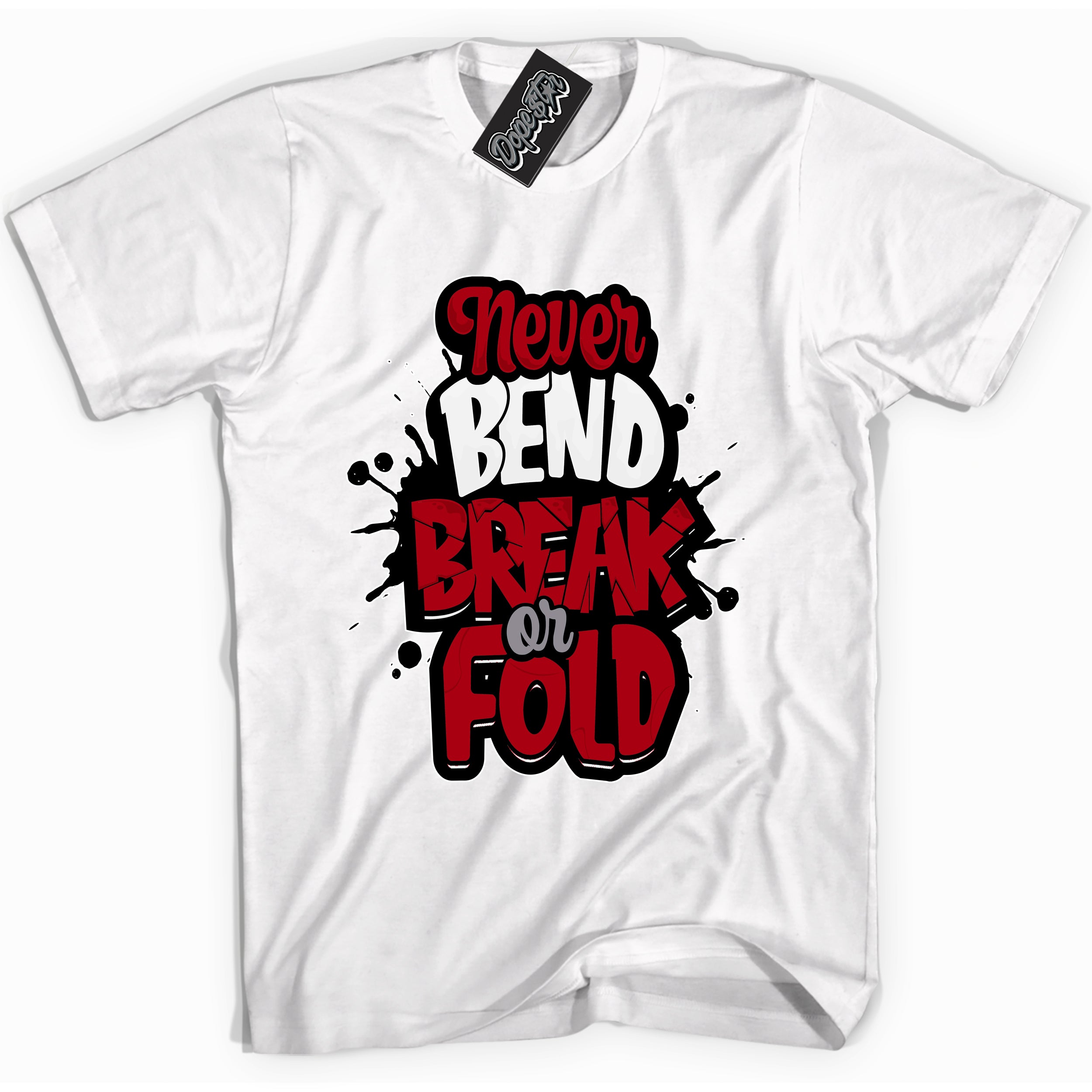 AJ5 Retro OG Black Metallic Reimagined “Never Bend Break Or Fold” white streetwear t-shirt and matching sneaker tee for men and women by Sneaker Shirts Outlet.
