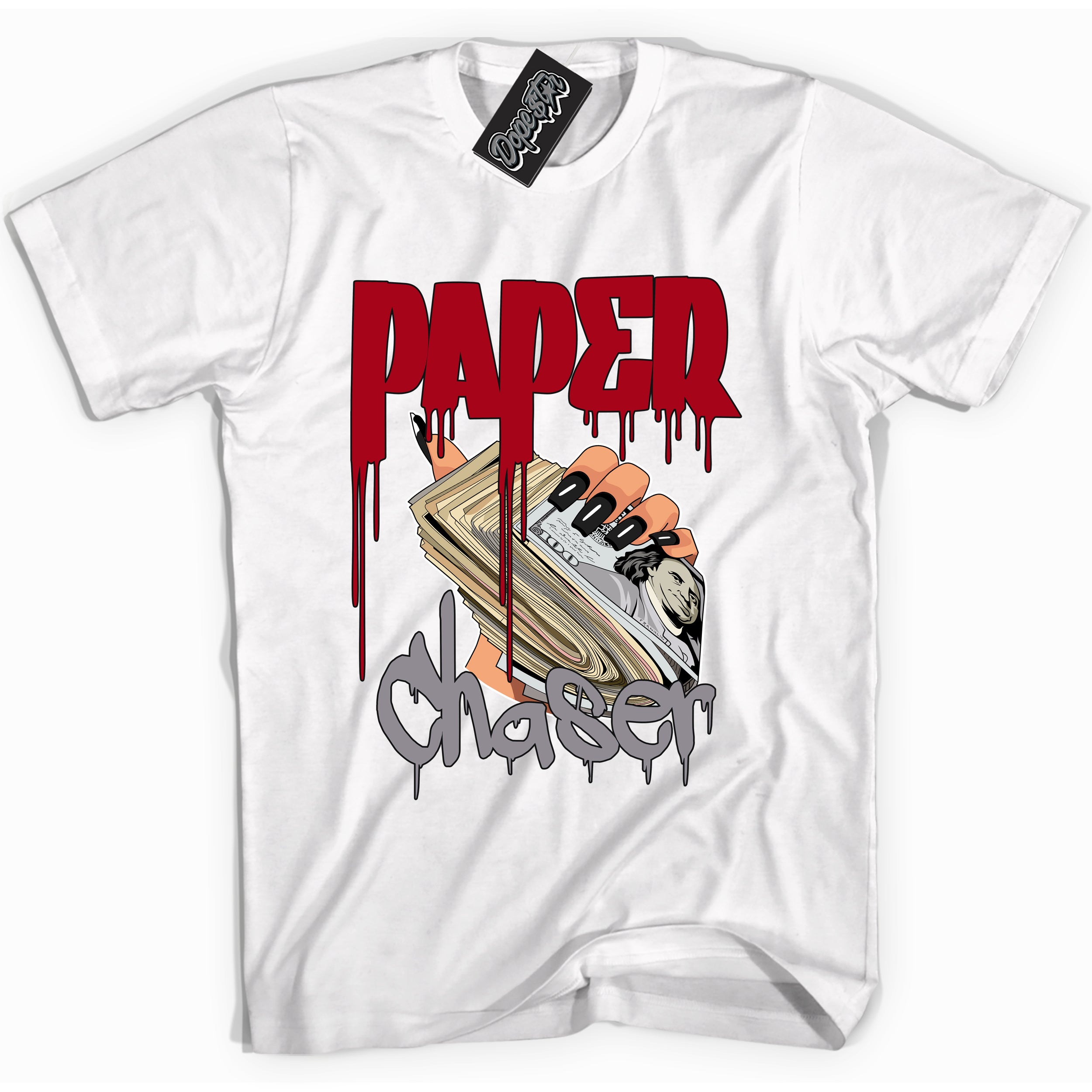 AJ5 Retro OG Black Metallic Reimagined ‘Paper Chaser’ – White Streetwear T-Shirt | Sneaker Matching shirt for AJ5 Retro OG Black Metallic Reimagined | Men's and Women's Streetwear Graphic Tee by Sneaker Shirts Outlet.
