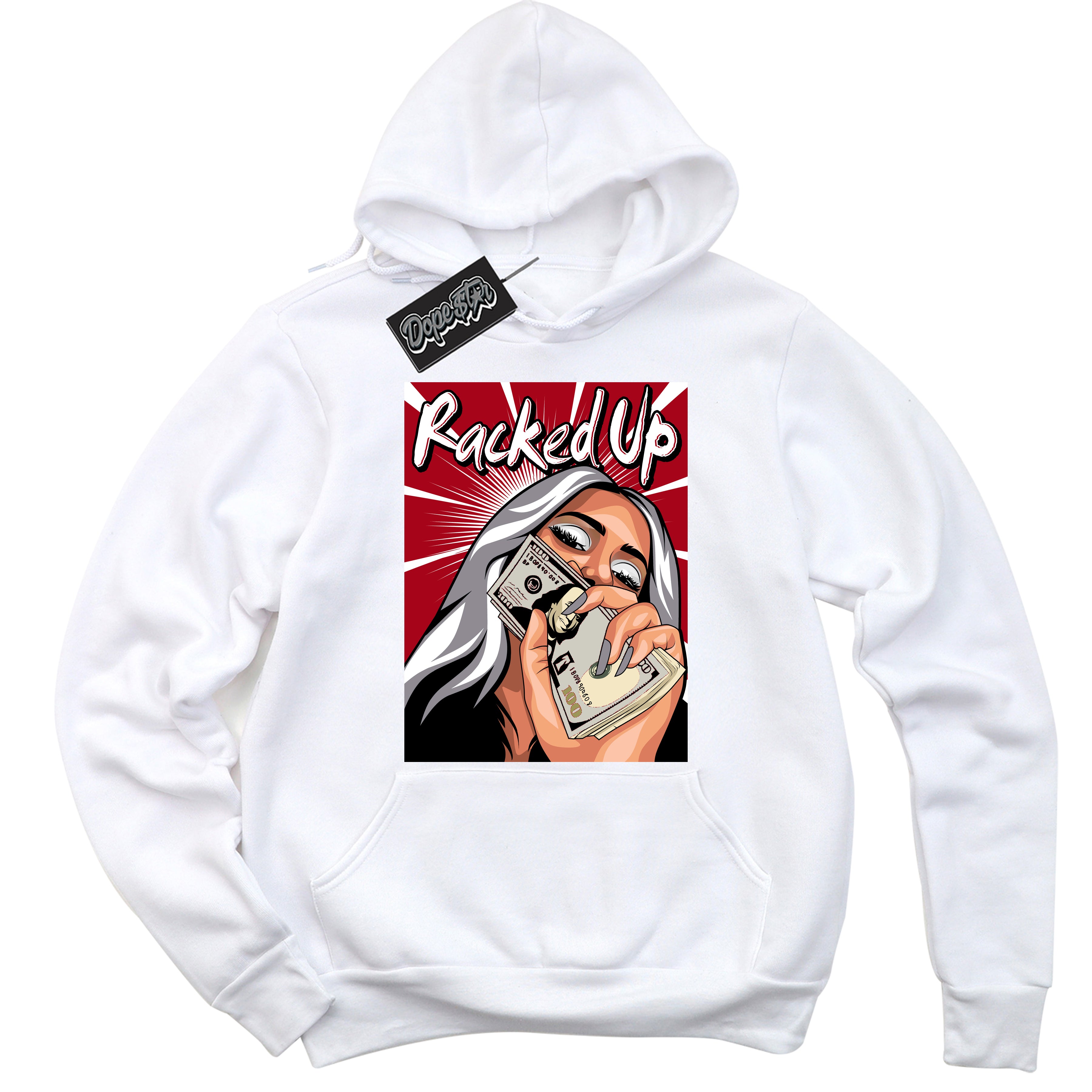 AJ5 Retro OG White Metallic Reimagined ‘Racked Up’ – Black Streetwear Hoodie | Men's and Women's graphic sweatshirt by Sneaker Shirts Outlet.
