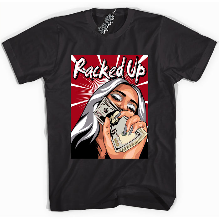 AJ5 Retro OG Black Metallic Reimagined “Racked Up” black streetwear t-shirt and matching sneaker tee for men and women by Sneaker Shirts Outlet.
