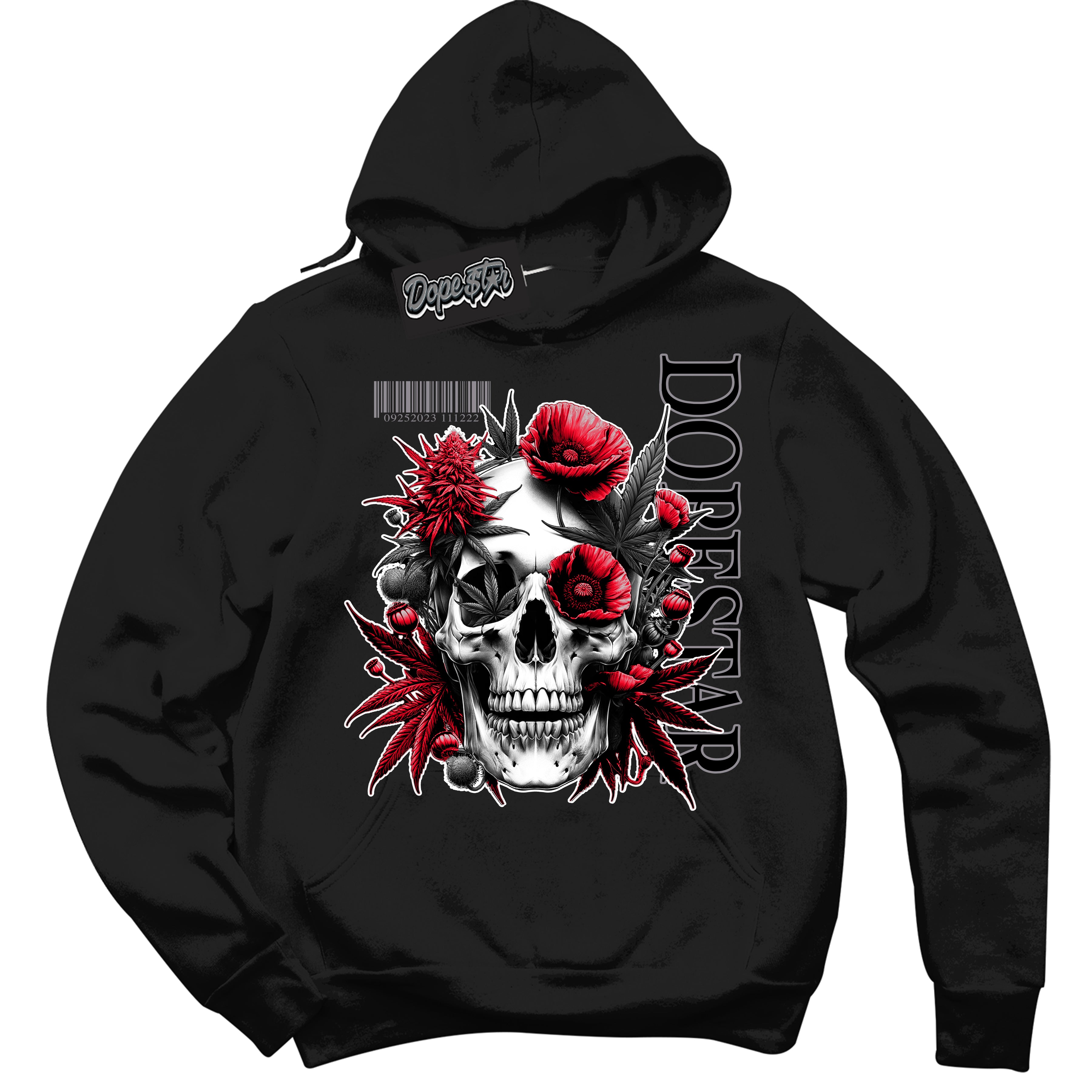 AJ5 Retro OG Black Metallic Reimagined ‘Skull Poppies’ – Black Streetwear Hoodie | Men's and Women's graphic sweatshirt by Sneaker Shirts Outlet.
