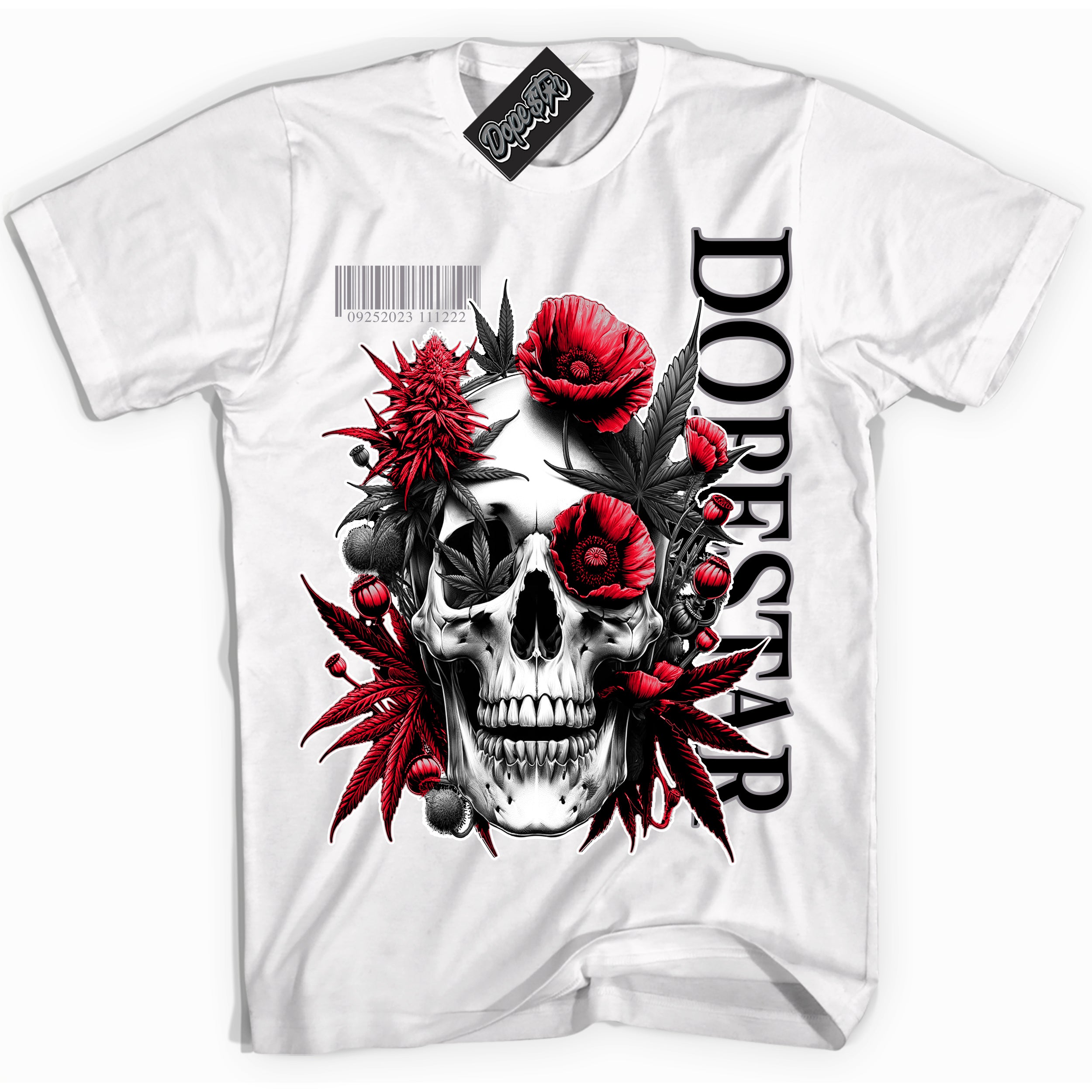AJ5 Retro OG Black Metallic Reimagined “Skull Poppies” white streetwear t-shirt and matching sneaker tee for men and women by Sneaker Shirts Outlet.
