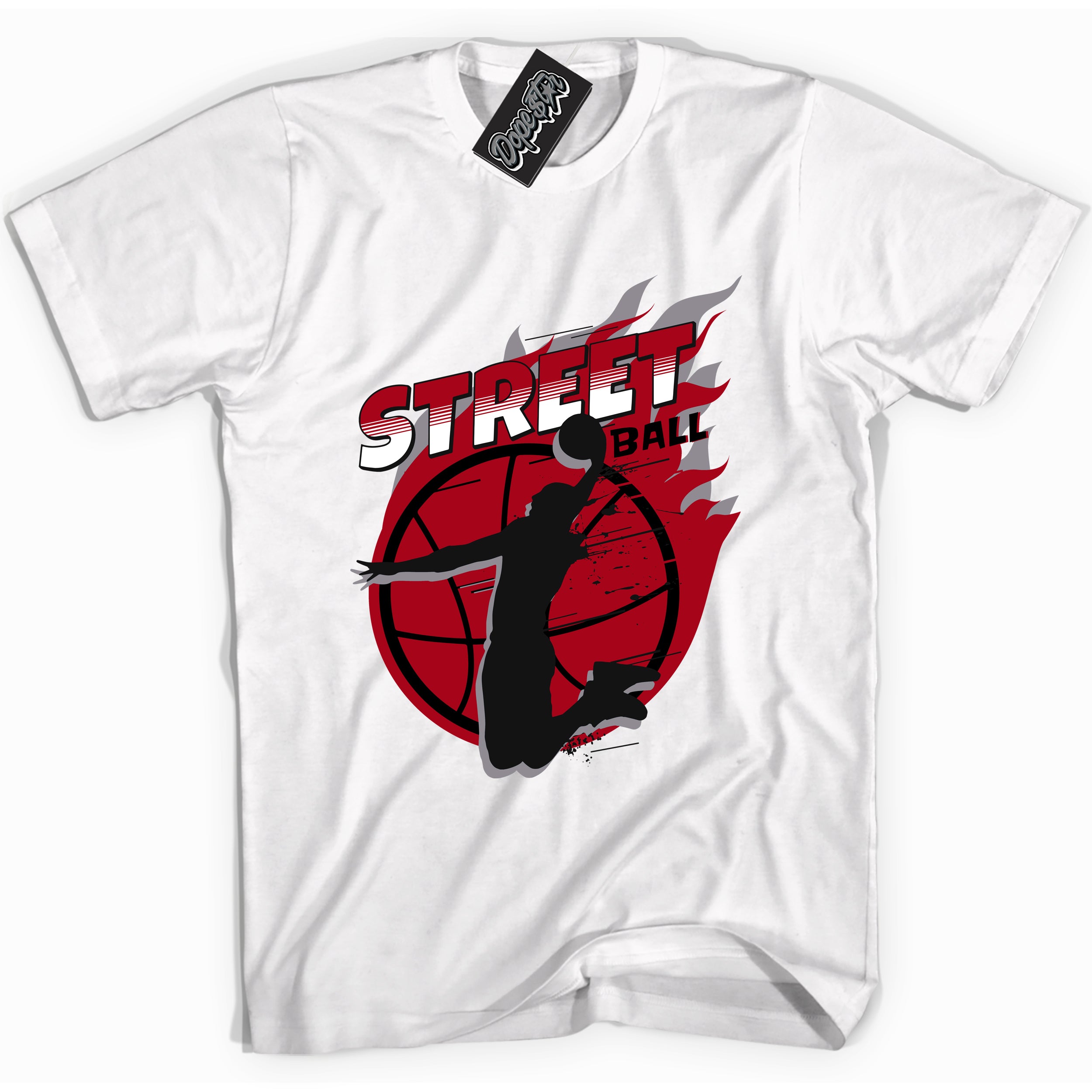 AJ5 Retro OG Black Metallic Reimagined “Street Ball” white streetwear t-shirt and matching sneaker tee for men and women by Sneaker Shirts Outlet.