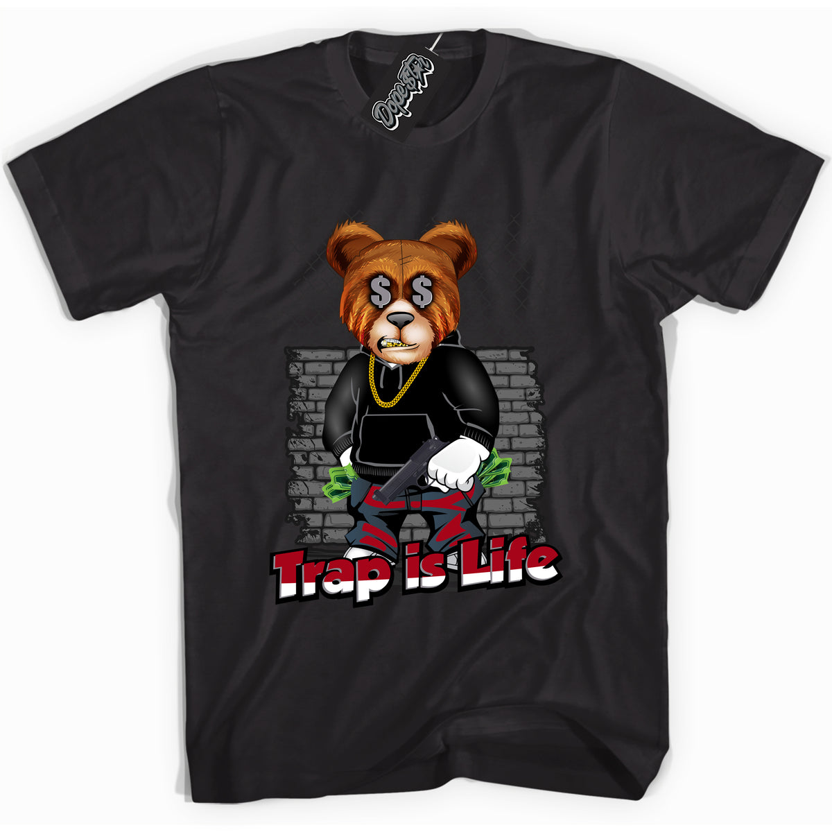 AJ5 Retro OG Black Metallic Reimagined “Trap Is Life” black streetwear t-shirt and matching sneaker tee for men and women by Sneaker Shirts Outlet.
