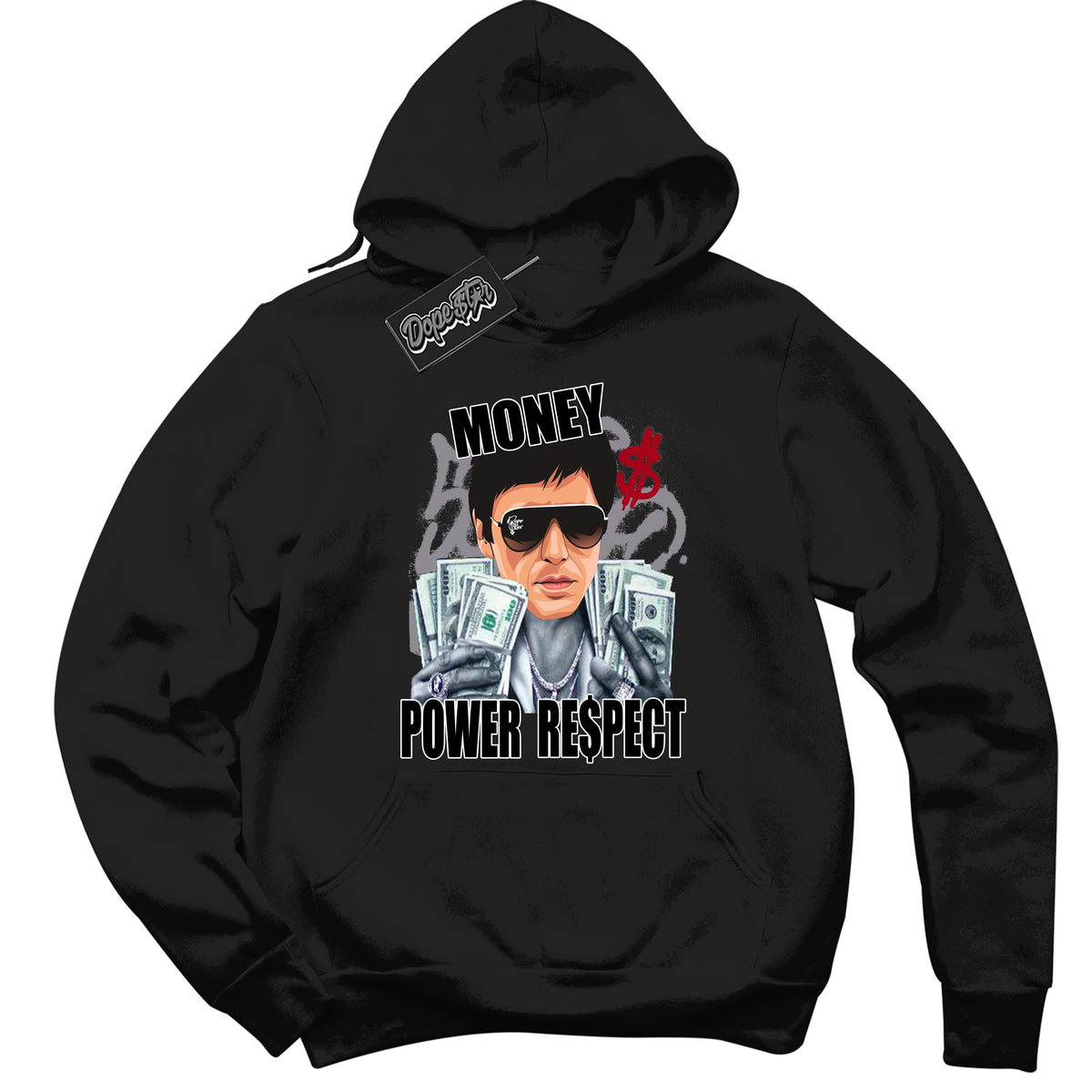 AJ5 Retro OG Black Metallic Reimagined ‘Tony Montana’ – Black Streetwear Hoodie | Men's and Women's graphic sweatshirt by Sneaker Shirts Outlet.
