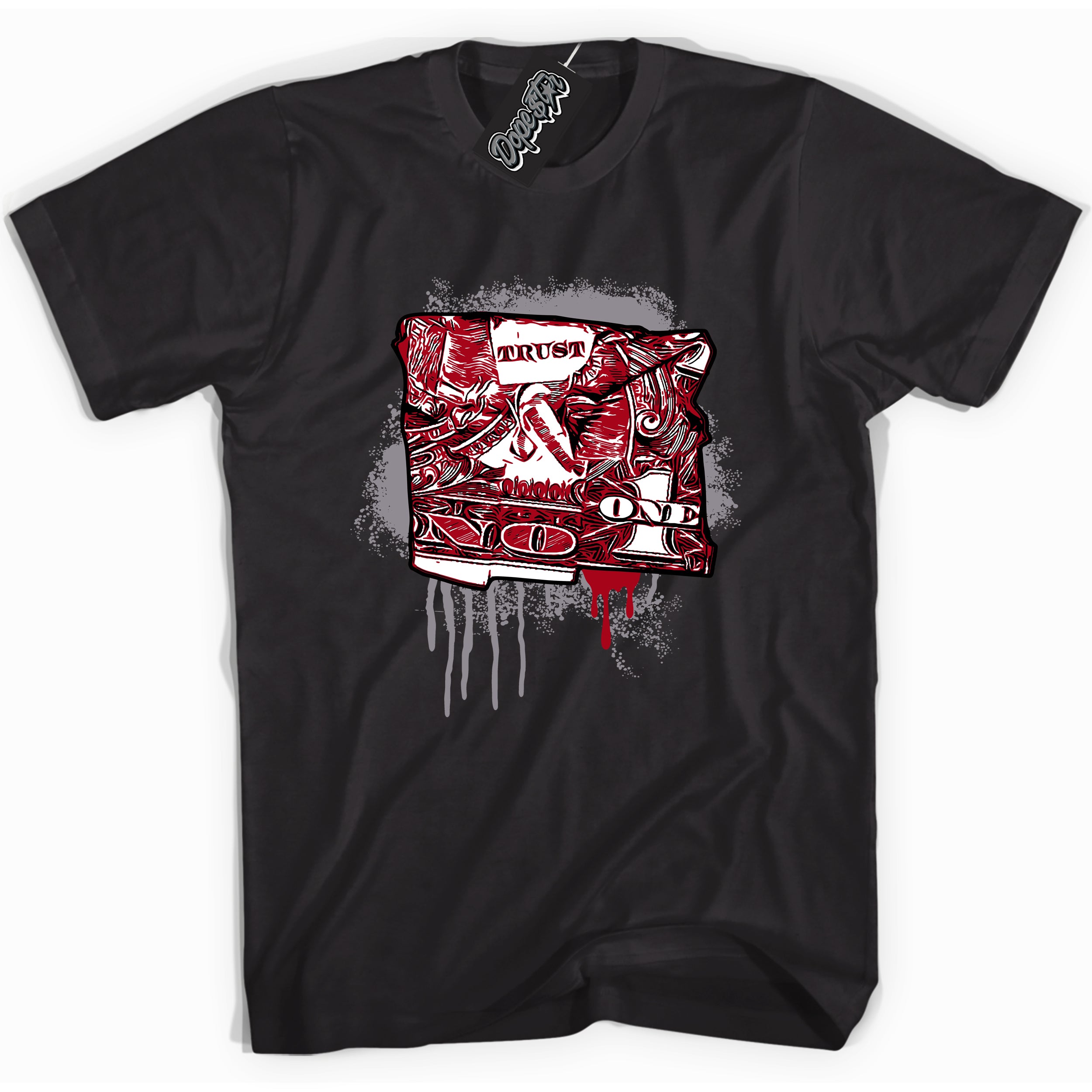 AJ5 Retro OG Black Metallic Reimagined “Trust No One Dollar” black streetwear t-shirt and matching sneaker tee for men and women by Sneaker Shirts Outlet.
