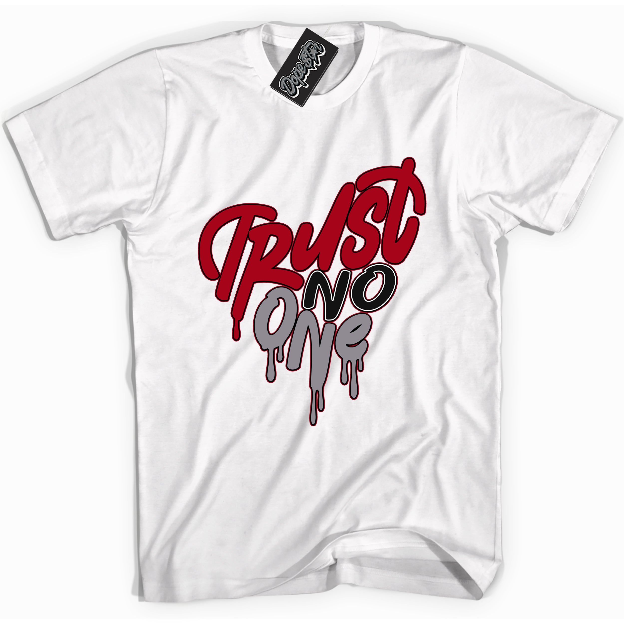 AJ5 Retro OG Black Metallic Reimagined “Trust No One Heart” white streetwear t-shirt and matching sneaker tee for men and women by Sneaker Shirts Outlet.
