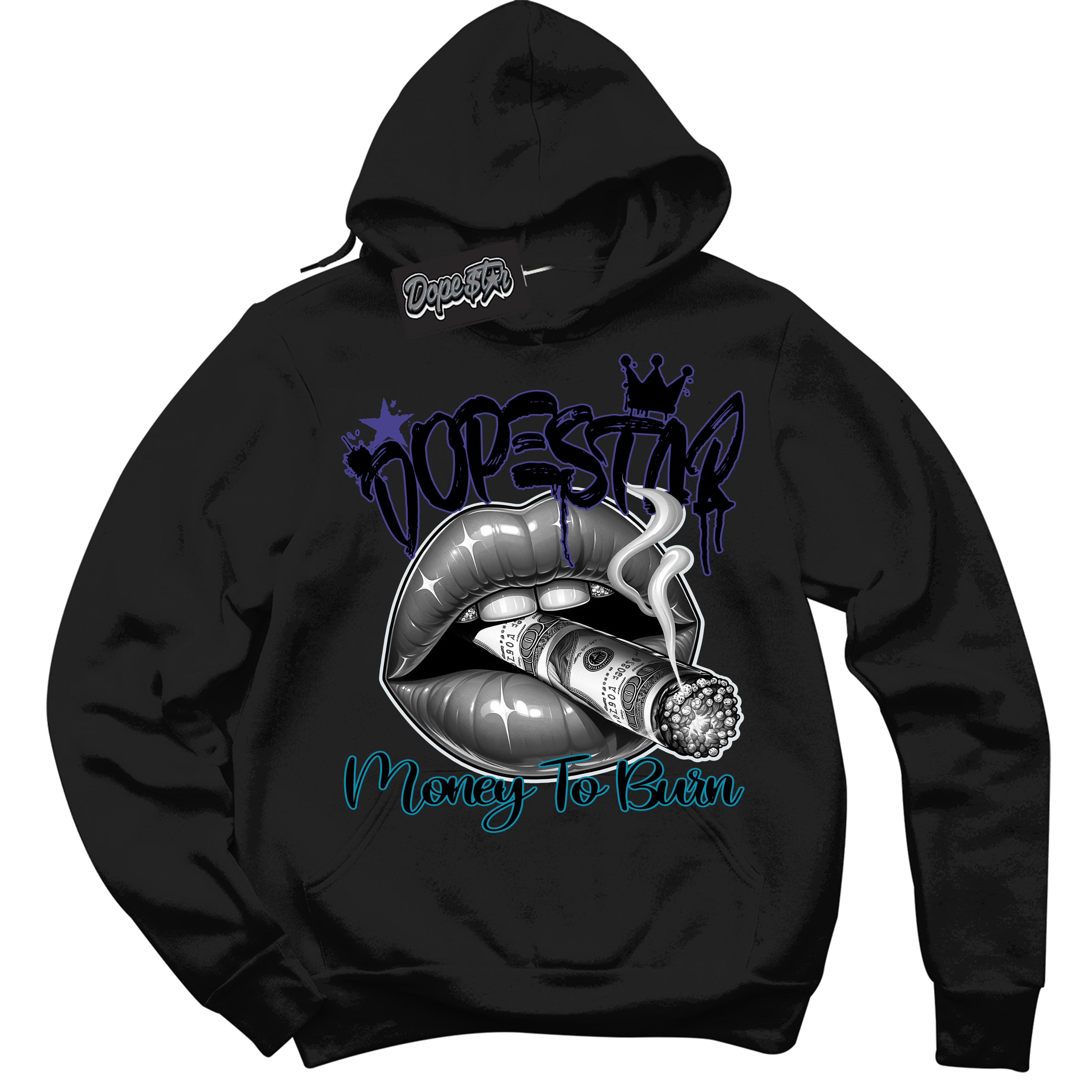 Cool Black Hoodie with “ Money To Burn ”  design that Perfectly Matches Aqua 6s Sneakers.