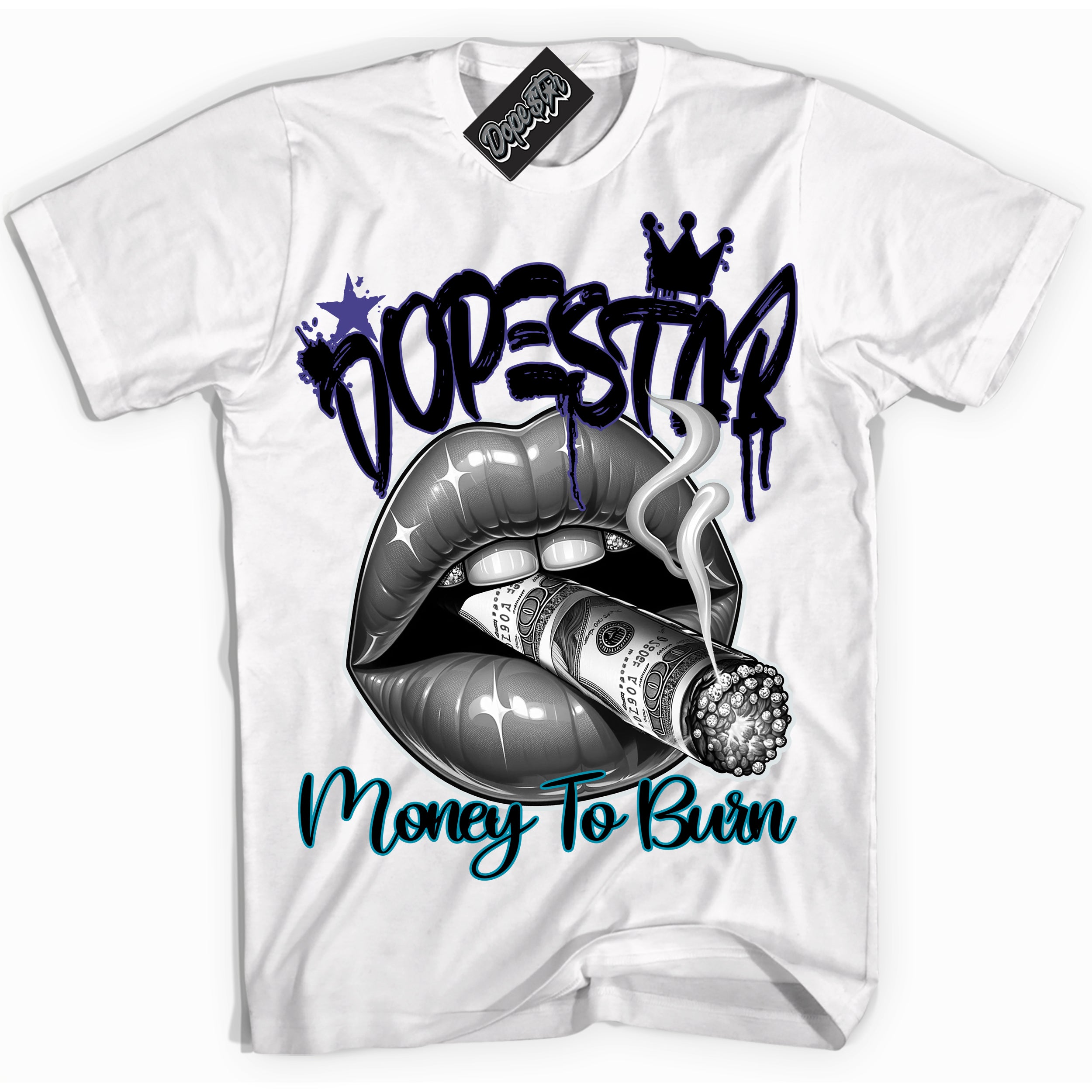 Cool White Shirt with “ Money To Burn” design that perfectly matches Aqua 6s Sneakers.