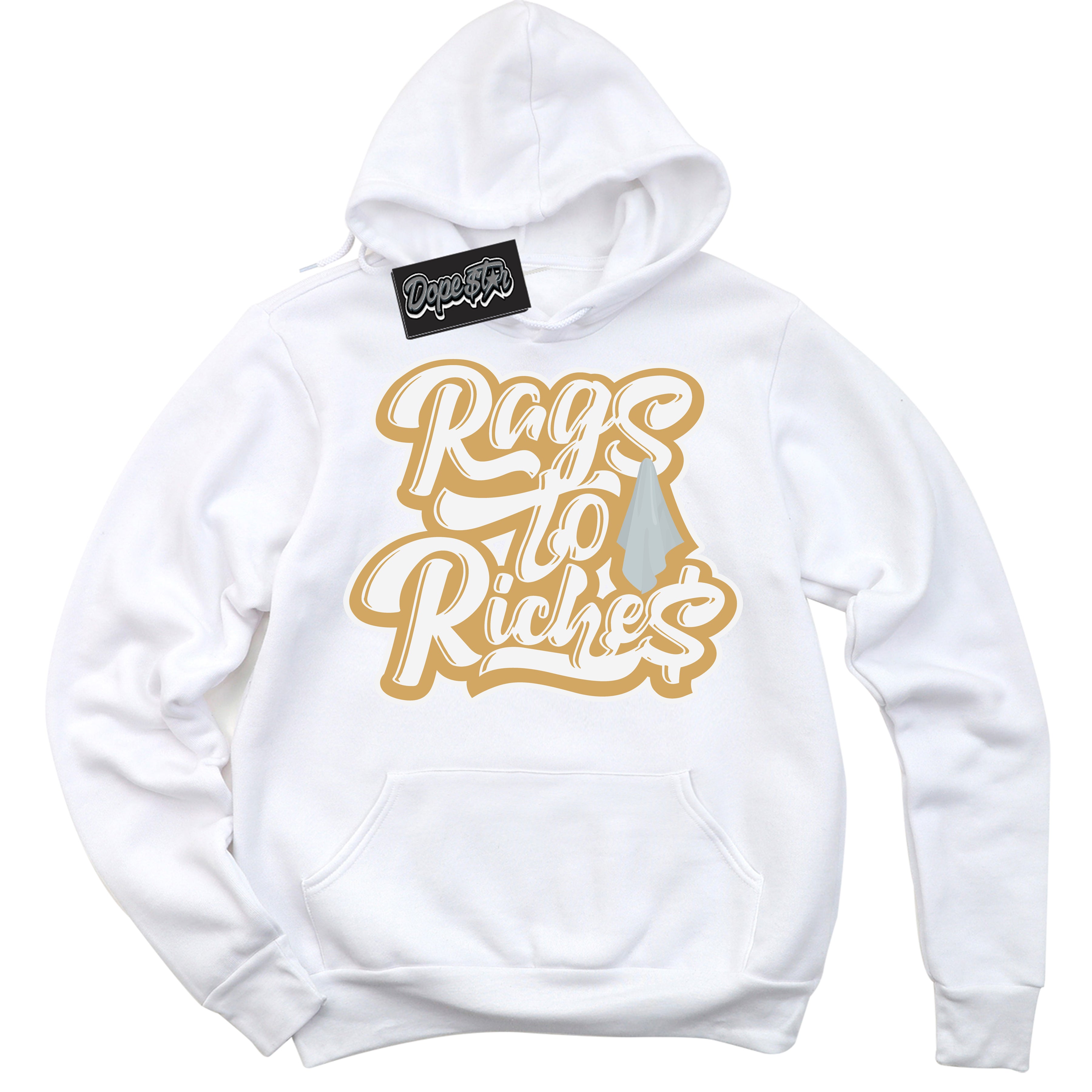 Cool White Hoodie with “ Rags To Riches ”  design that Perfectly Matches Craft Paris 6s Jordans.
