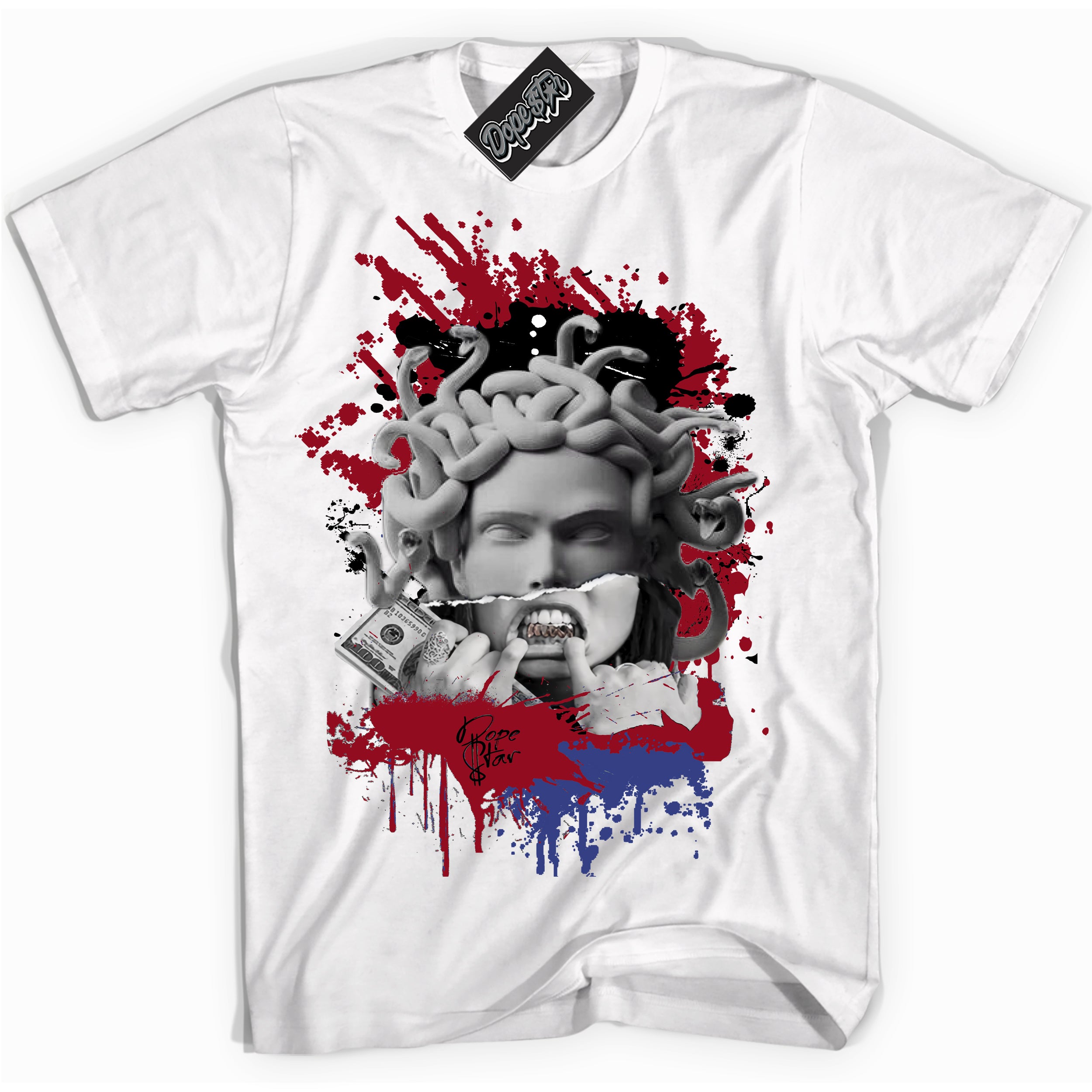 Cool White Shirt with “ Medusa ” design that perfectly matches Playoffs 8s Sneakers.