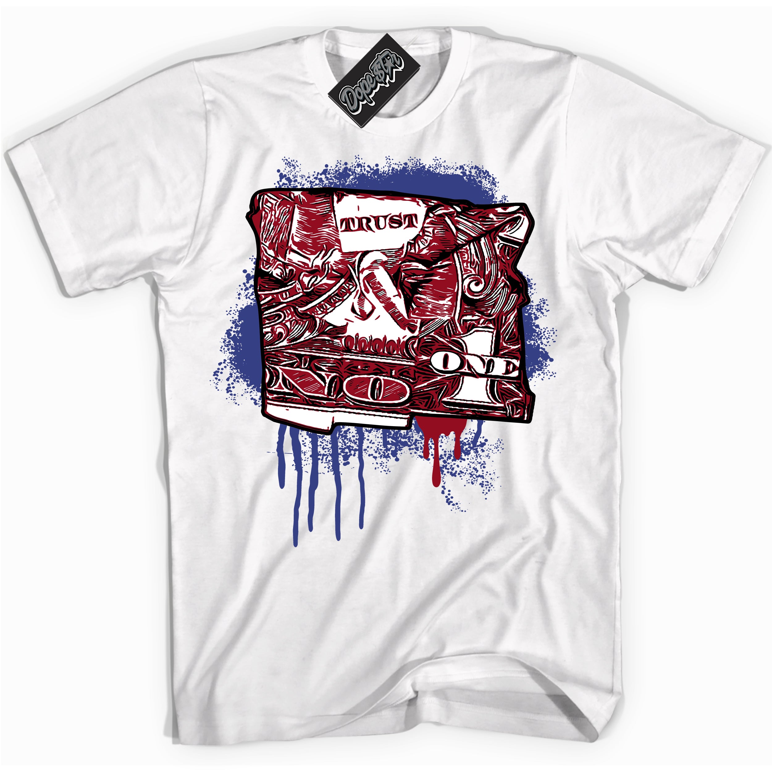 Cool White Shirt with “ Trust No One Dollar ” design that perfectly matches Playoffs 8s Sneakers.