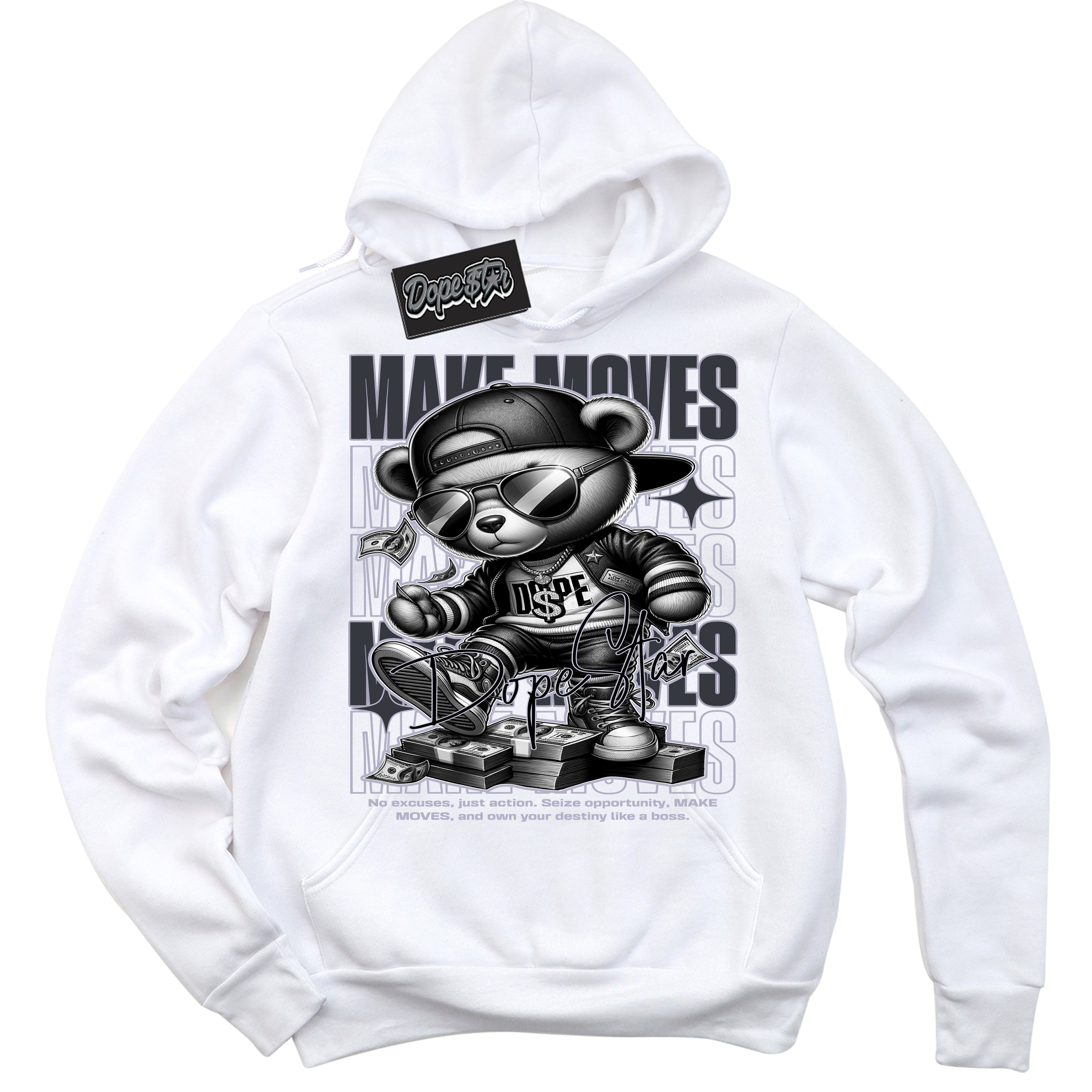 Cool White Hoodie with “ Makin Moves ”  design that Perfectly Matches Winterized Gunsmoke 8s Sneakers.