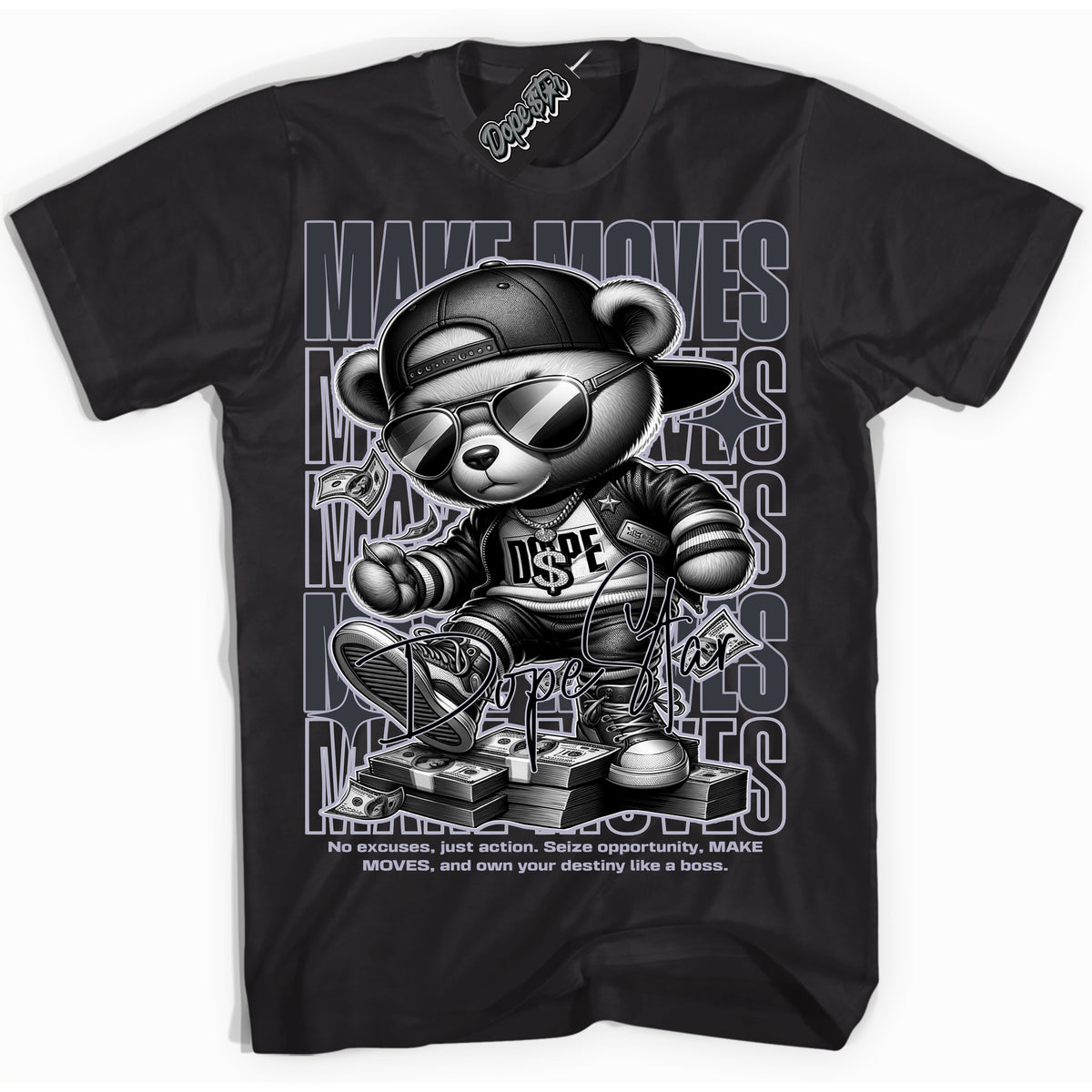 Cool Black Shirt with “ Makin Moves” design that perfectly matches Winterized Gunsmoke 8s Sneakers.