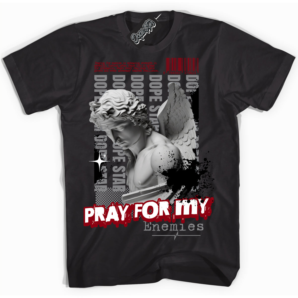Cool Black Shirt with “ Pray Enemies” design that perfectly matches Particle Grey 9s Sneakers.