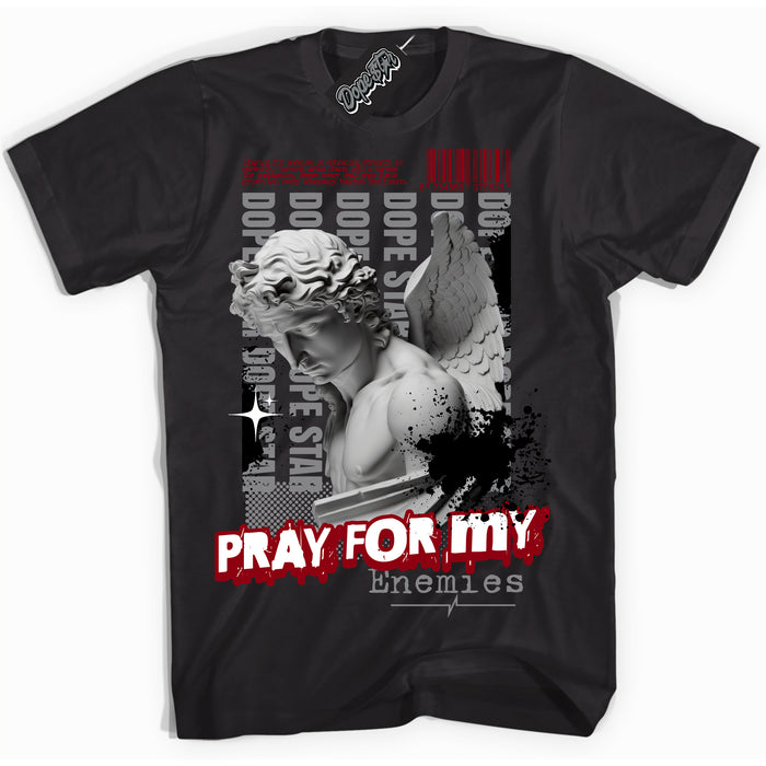 Cool Black Shirt with “ Pray Enemies” design that perfectly matches Particle Grey 9s Sneakers.