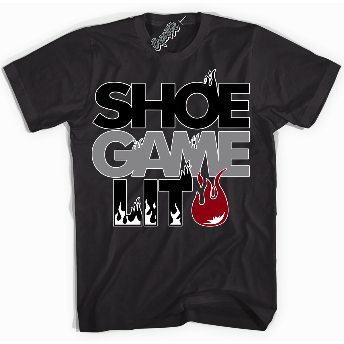 Cool Black Shirt with “ Shoe Game Lit ” design that perfectly matches Particle Grey 9s Sneakers.