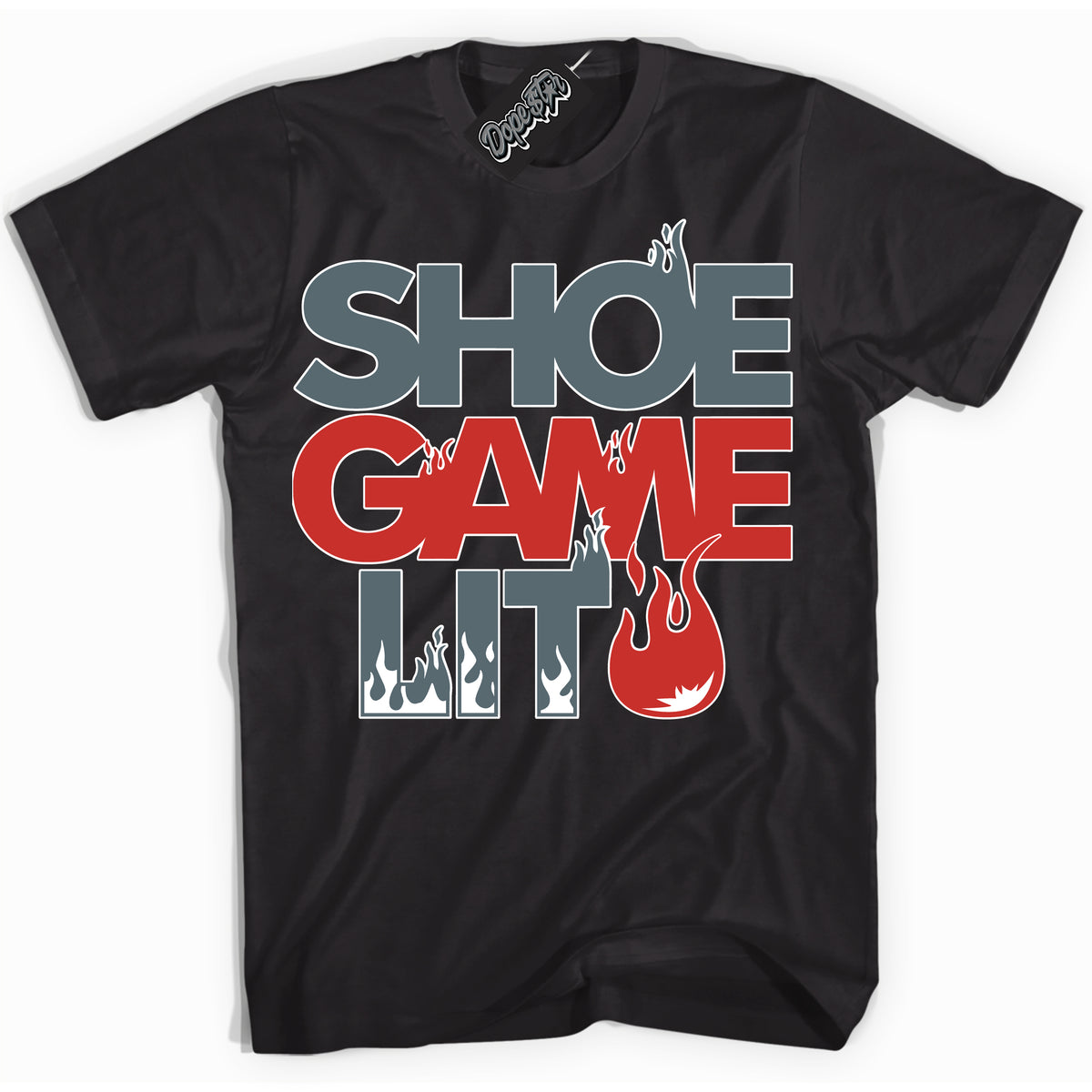 Cool Black Shirt with “ Shoe Game Lit ” design that perfectly matches Red Fire 9s Sneakers.