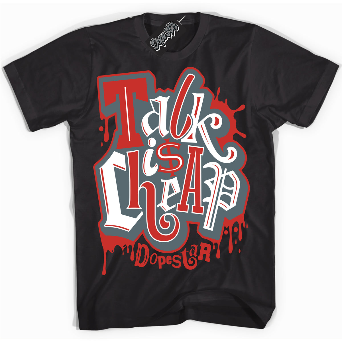 Cool Black Shirt with “ Talk Is Cheap” design that perfectly matches Red Fire 9s Sneakers.