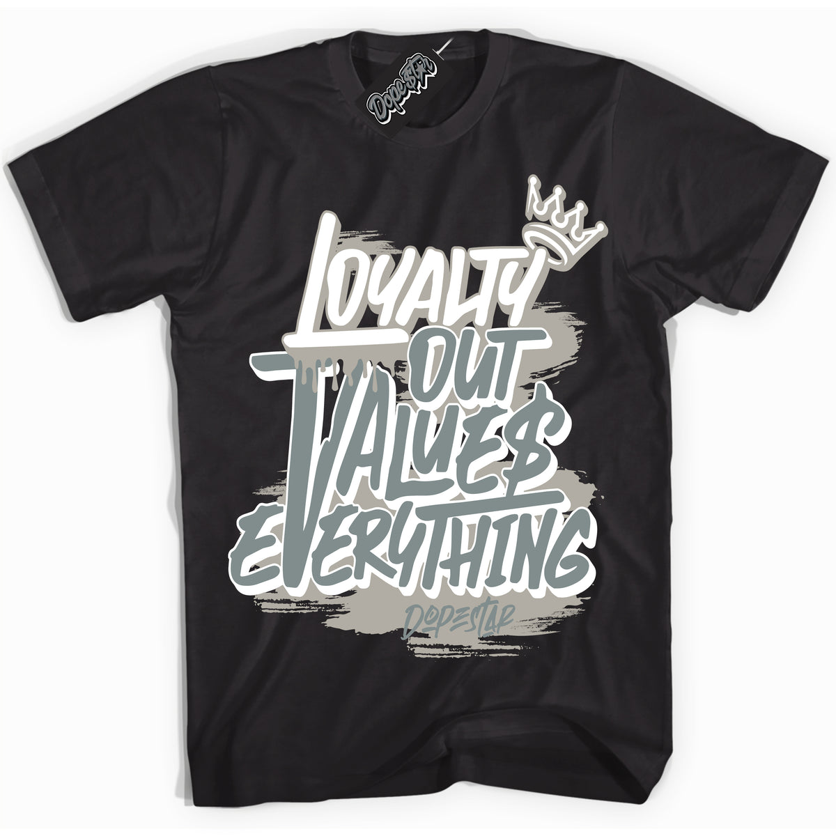 AJ9 Retro Cool Grey ‘Loyalty Out Values Everything’ – Black Streetwear T-Shirt | Sneaker Matching shirt for AJ9 Retro Cool Grey | Men's and Women's Streetwear Graphic Tee by Sneaker Shirts Outlet.

