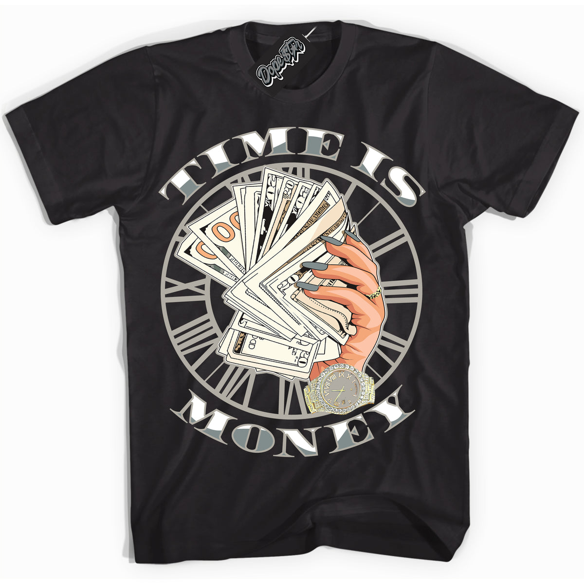 AJ9 Retro Cool Grey ‘Time Is Money’ – Black Streetwear T-Shirt | Sneaker Matching shirt for AJ9 Retro Cool Grey | Men's and Women's Streetwear Graphic Tee by Sneaker Shirts Outlet.
