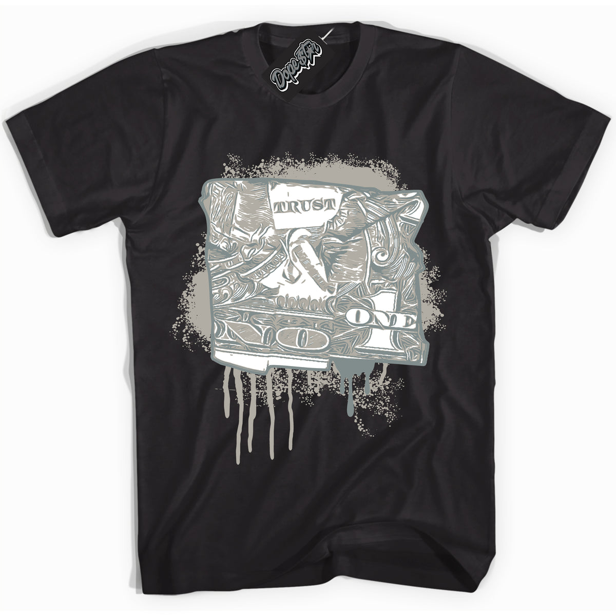 AJ9 Retro Cool Grey ‘Trust No One Dollar’ – Black Streetwear T-Shirt | Sneaker Matching shirt for AJ9 Retro Cool Grey | Men's and Women's Streetwear Graphic Tee by Sneaker Shirts Outlet.

