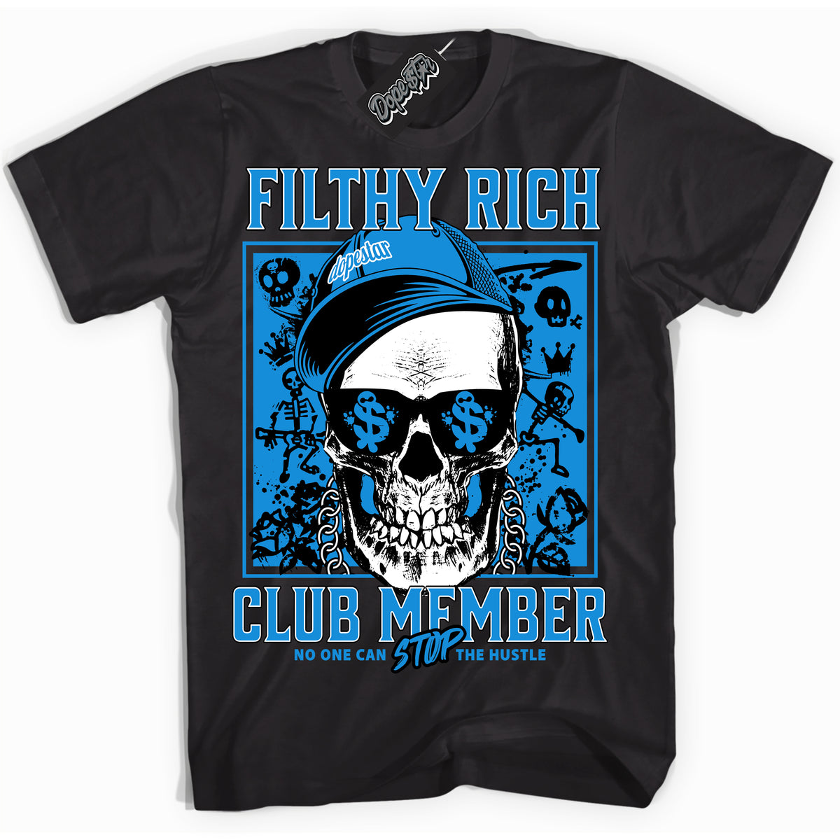 Cool Black Shirt with “ Filthy Rich” design that perfectly matches Powder Blue 9s Sneakers.