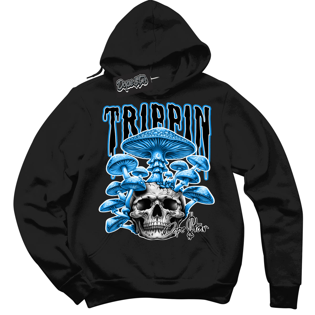 Cool Black Hoodie with “ Trippin”  design that Perfectly Matches Powder Blue 9s Sneakers.