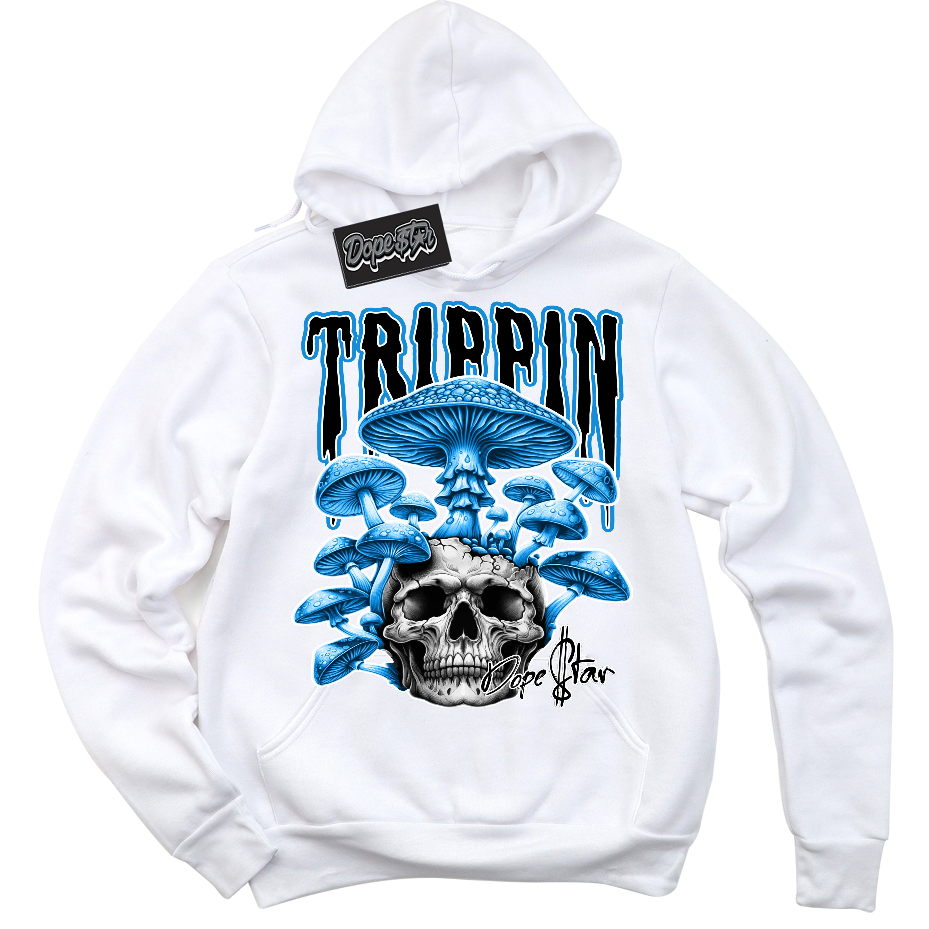 Cool White Hoodie with “ Trippin”  design that Perfectly Matches Powder Blue 9s Sneakers.