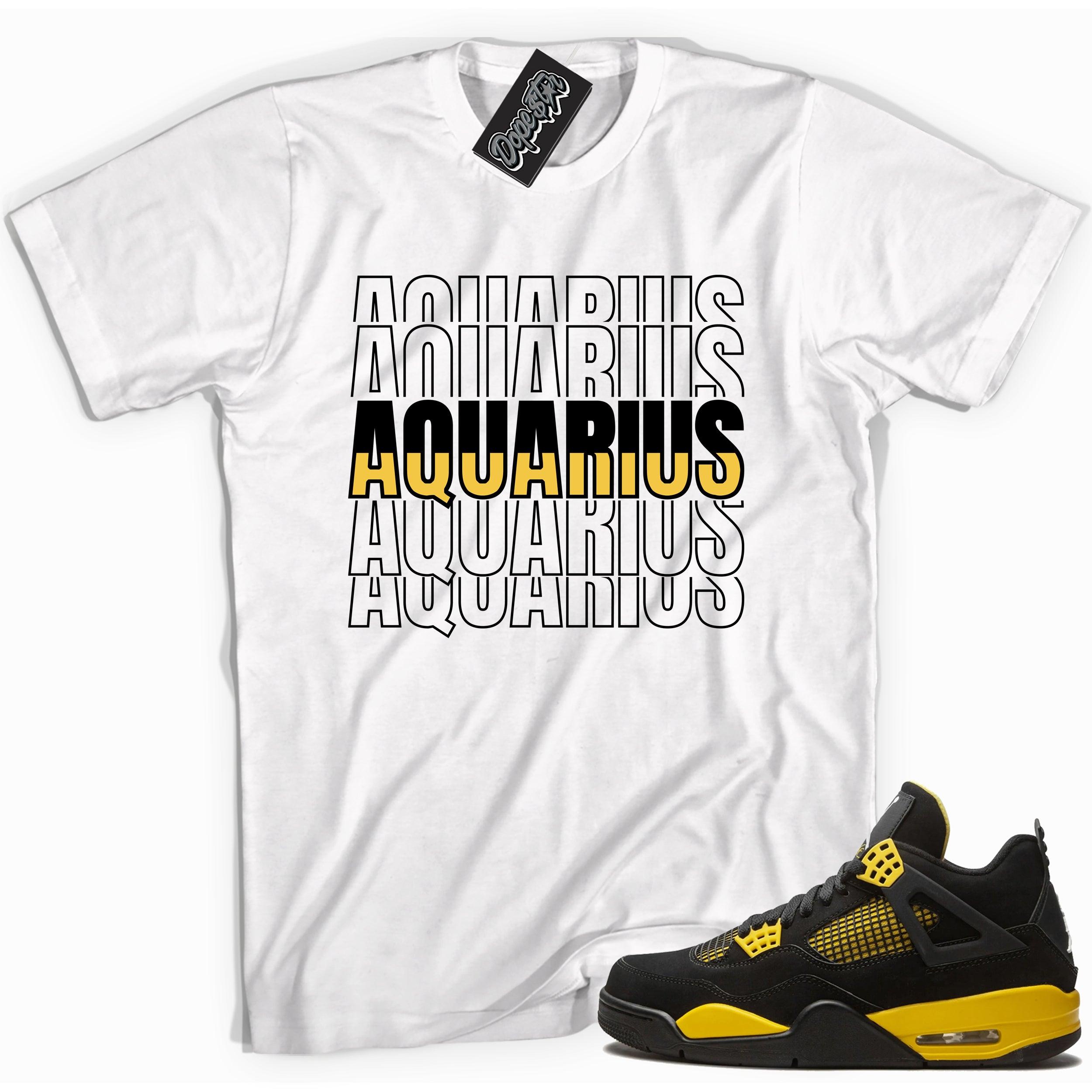 Cool white graphic tee with 'aquarius' print, that perfectly matches Air Jordan 4 Thunder sneakers