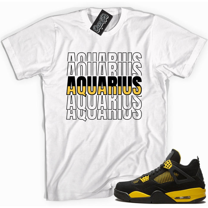 Cool white graphic tee with 'aquarius' print, that perfectly matches Air Jordan 4 Thunder sneakers