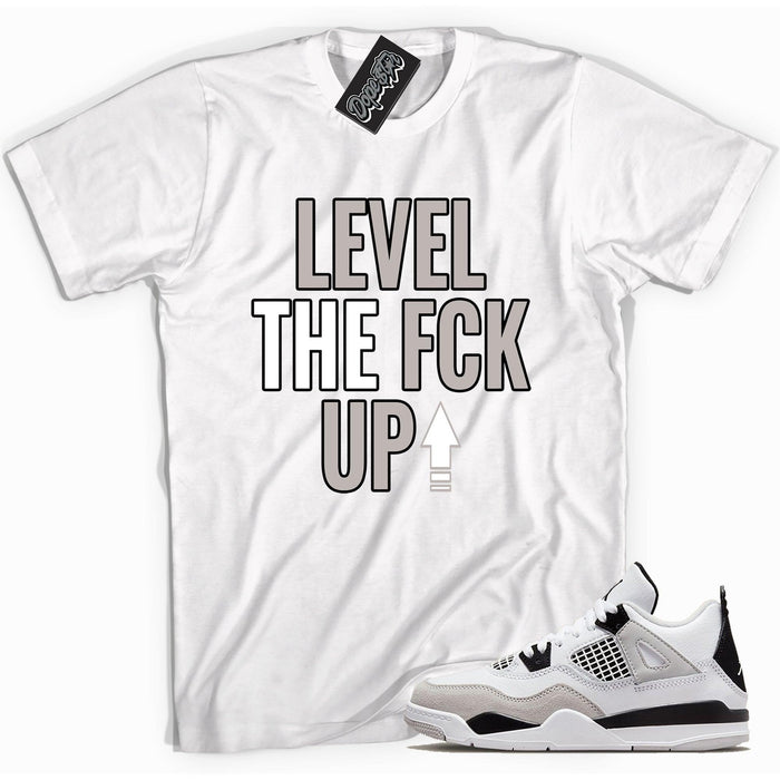 Cool white graphic tee with 'Level Up' print, that perfectly matches Air Jordan 4 Retro Military Black sneakers.