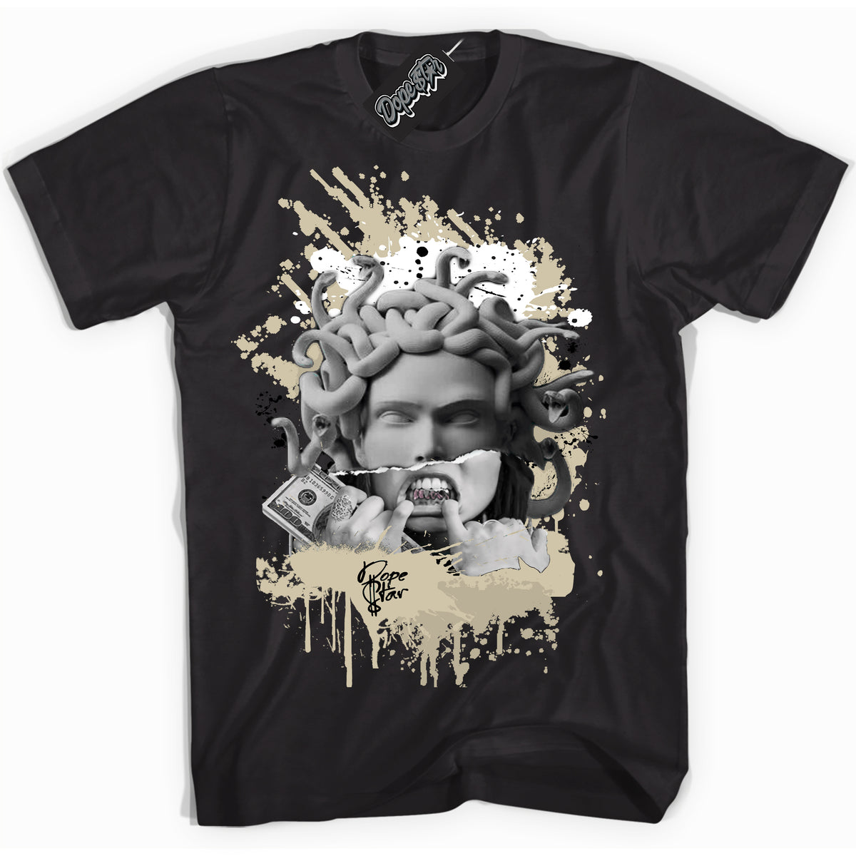 Cool Black graphic tee with “ Medusa ” print, that perfectly matches Burgundy 5s sneakers 